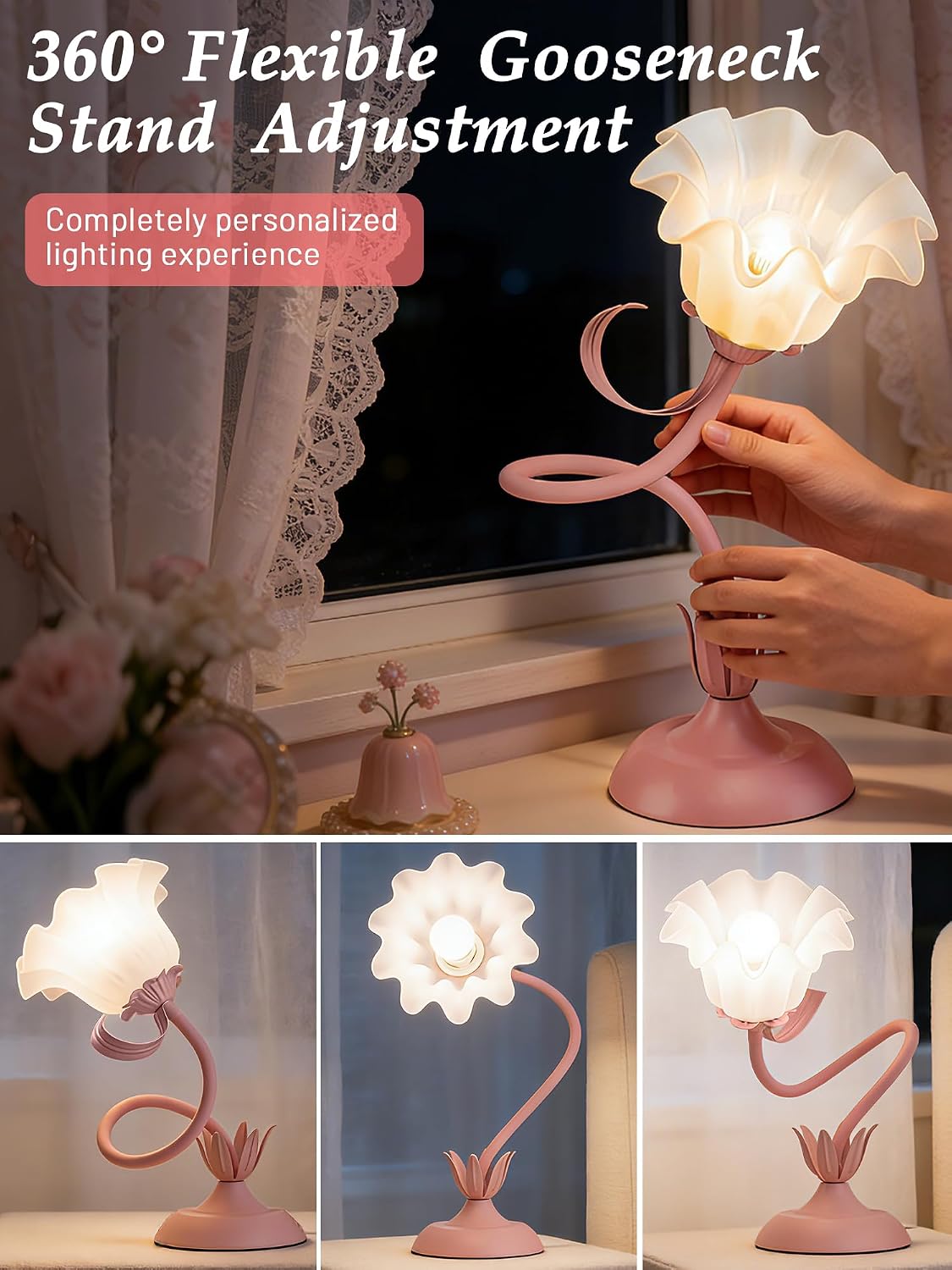 Bedside Table Lamp for Bedroom, Vintage Flower Table Lamps, LED Reading Light 3 Color Modes Bedside Lamps, Nightstand Lamp Kawaii Desk…