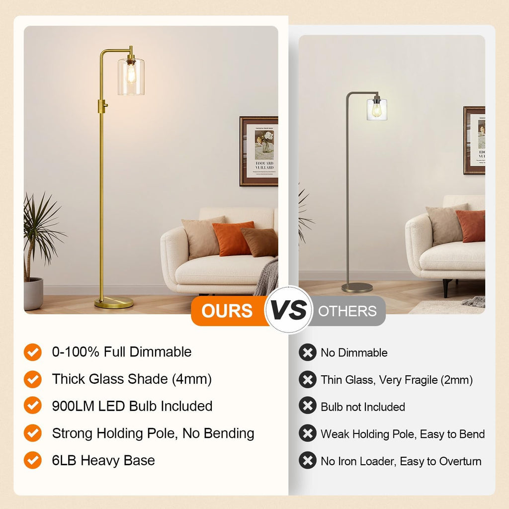 Upgraded】Dimmable Floor Lamp for Living Room with Clear Glass Lampshade, Brass Modern Floor Lamp with 900LM Edison Bulb Included, Bright…
