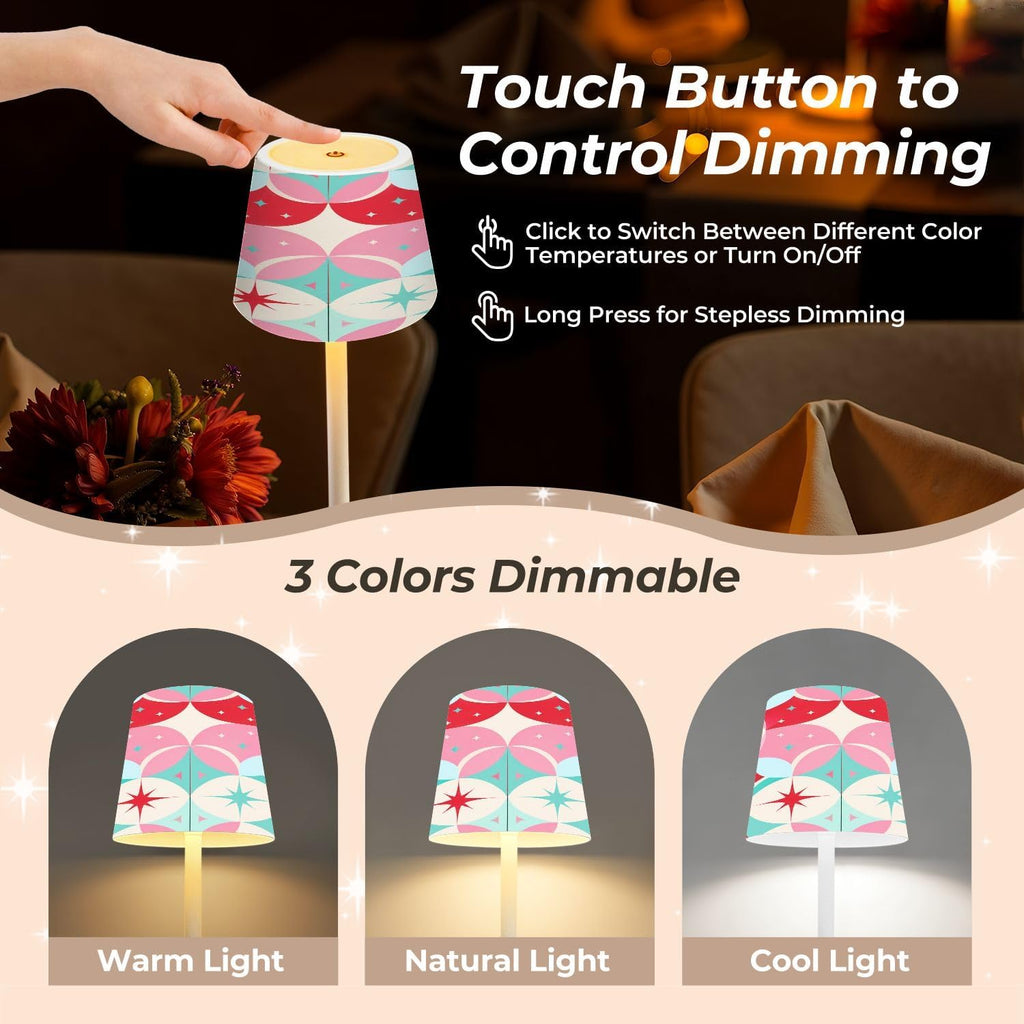 Cordless Mahjong Lamp Geometric Retro Circles Starbursts Soft Pink Coral Teal Color Small LED Lamp 3 Color Dimmable Rechargeable Lamps…