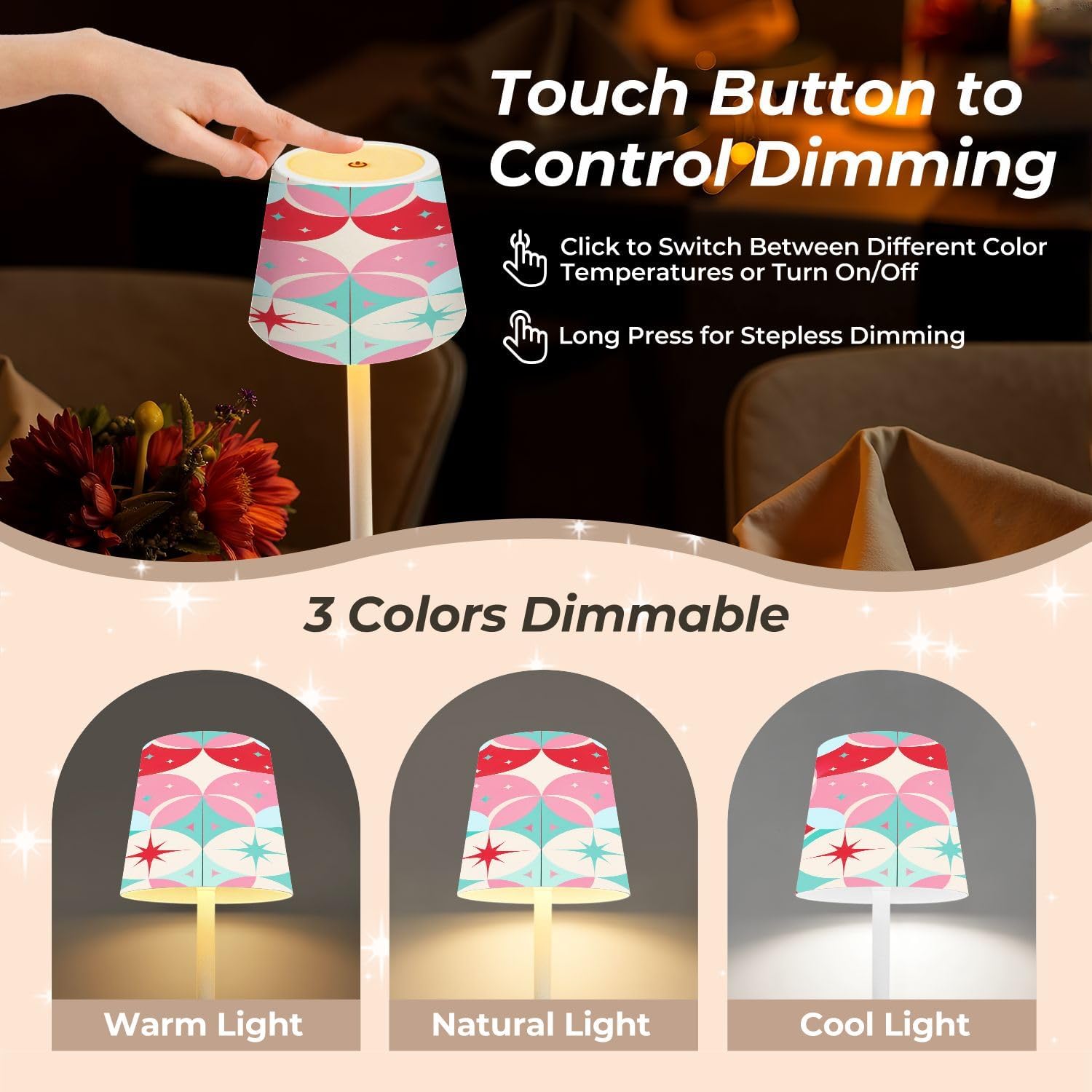 Cordless Mahjong Lamp Geometric Retro Circles Starbursts Soft Pink Coral Teal Color Small LED Lamp 3 Color Dimmable Rechargeable Lamps…