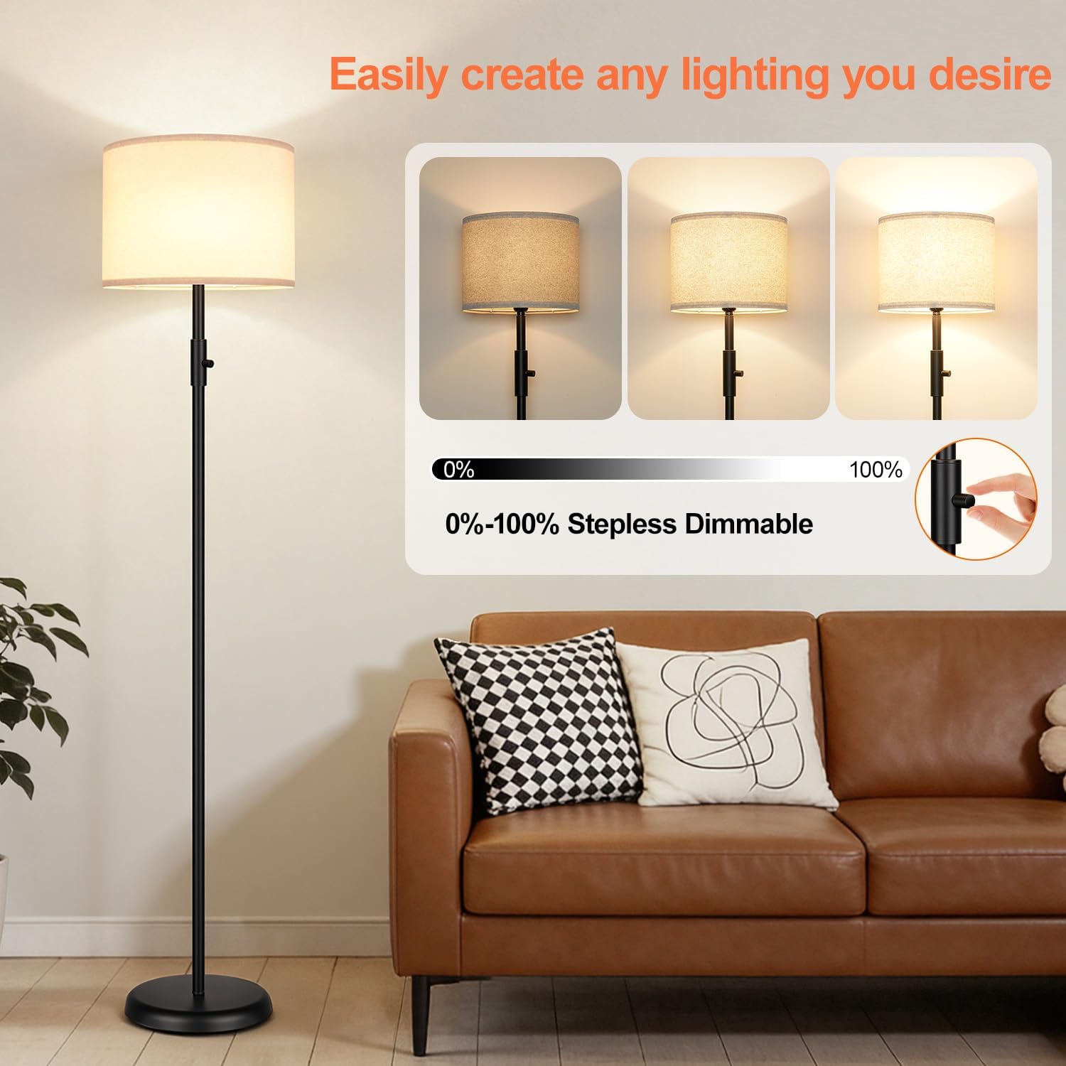 Upgraded】 Dimmable Floor Lamp for Living Room,1000 Lumens Bulb Included, Modern Floor Lamps Simple Design with Linen Shade, Tall Standing…