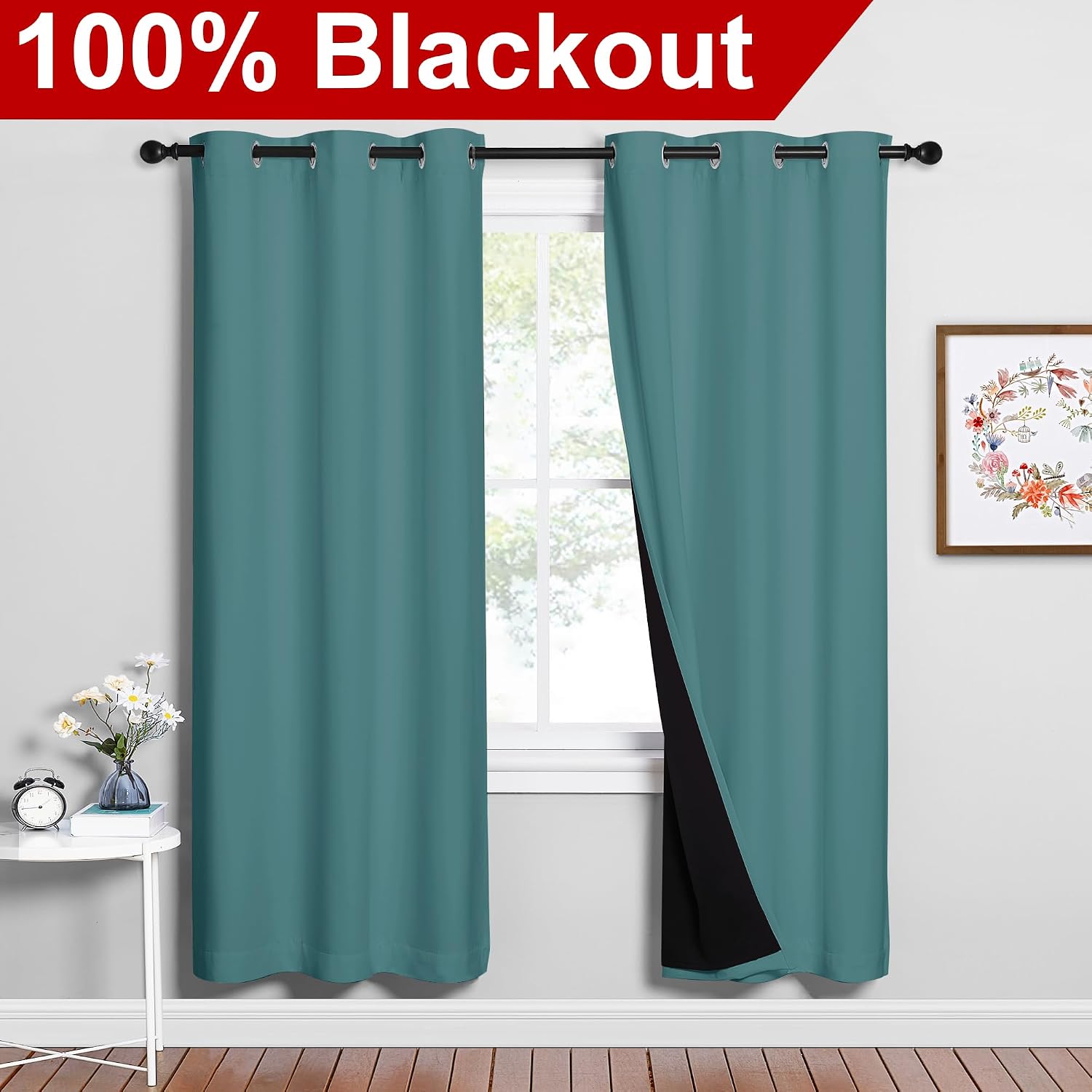 Nicetown 100% Blackout Window Curtain Panels, Sea Teal, 2 Pieces, 42-inch Wide Per Panel, Full Light Blocking Drapes with Black Liner for N…