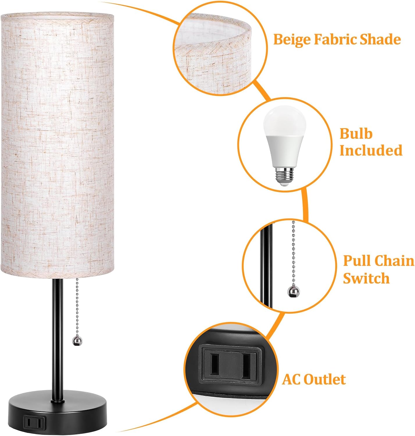 Dott Arts 18" Table Lamp for Bedroom, 3-Color Bedside Lamps with Pull Chain, Bedroom Table Lamps for Nightstand, AC Outlet Small Lamp for…