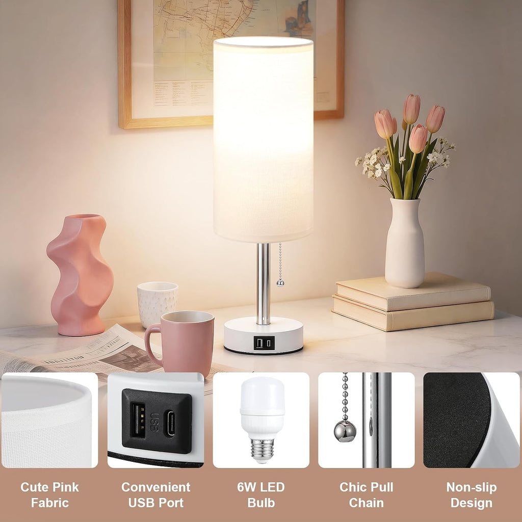 Dicoool Small Bedside Table lamp for Bedroom - 3 Color Modes, Desk Lamp with USB-C and USB-A Charging Ports, Pull Chain, Nightstand Light…