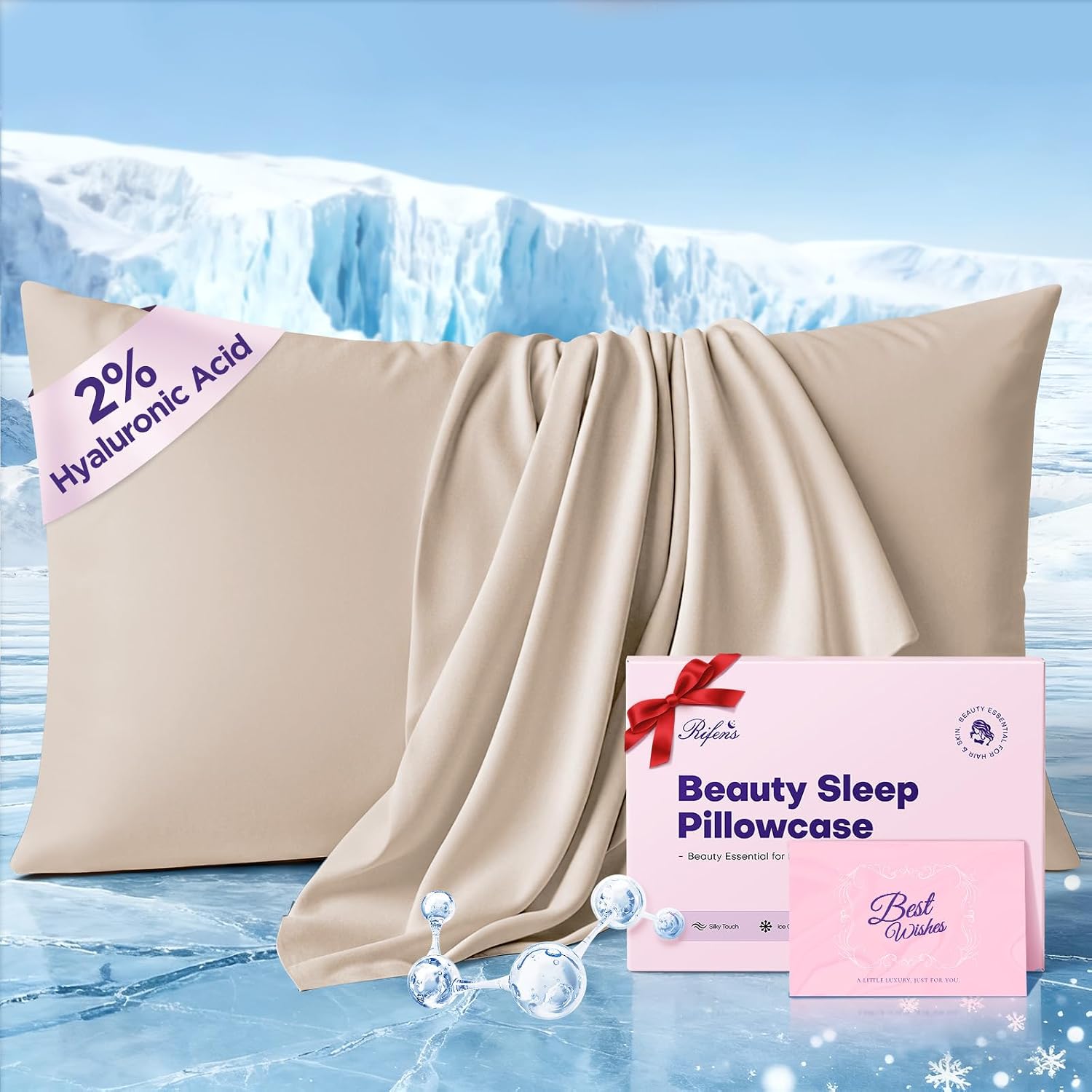 Rifens Instant Chill Cooling Pillowcase for Hot Sleepers, 2% HA Infused Pillowcase Hydrates Skin & Hair, Reduces Wrinkles & Frizz, Softer T…