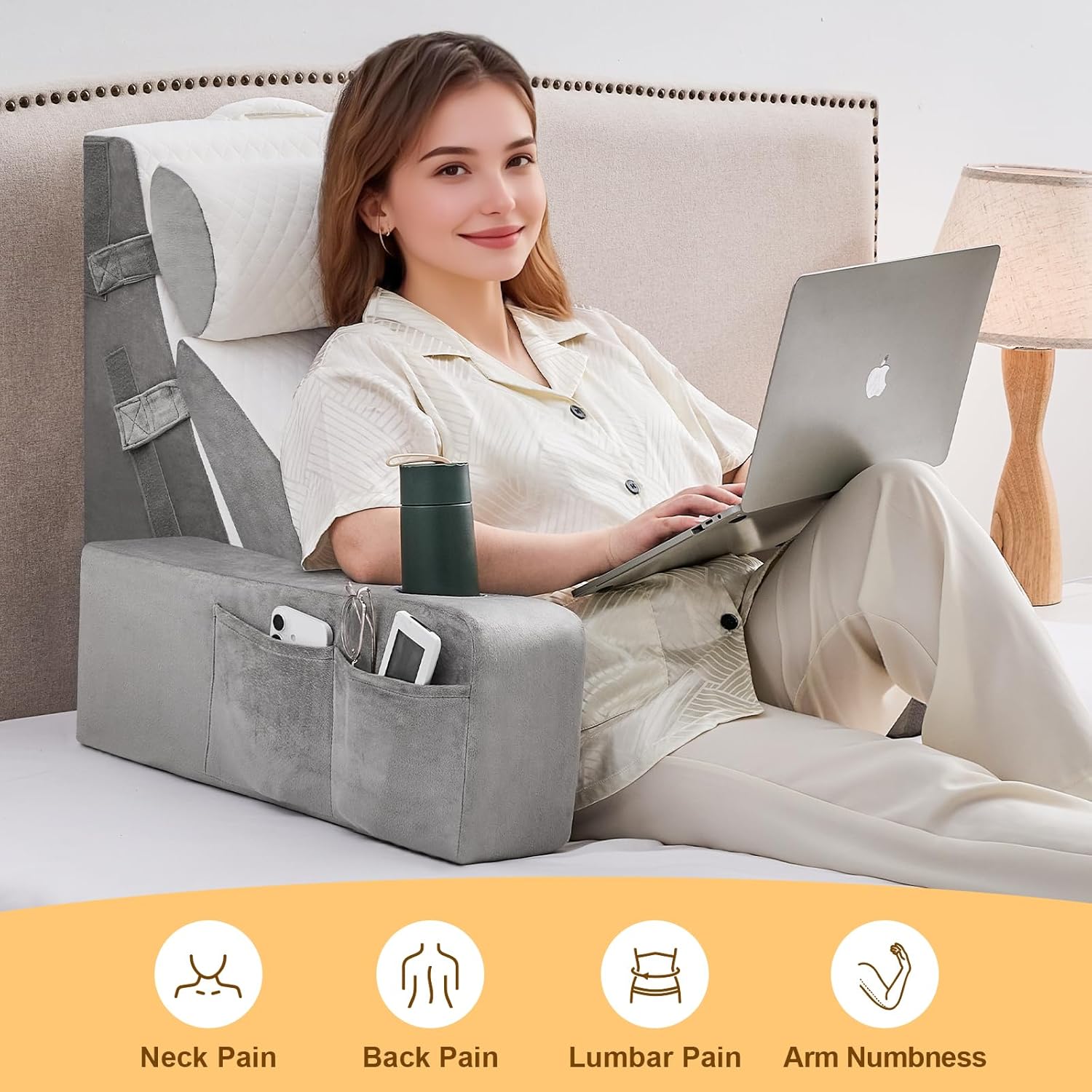 Yojoker 5pcs Reading Pillow for Adults Sitting in Bed – Back Pillow for Bed Sitting Up with Arms, Pockets & Cup Holder, Sit-Up Backrest Pil…