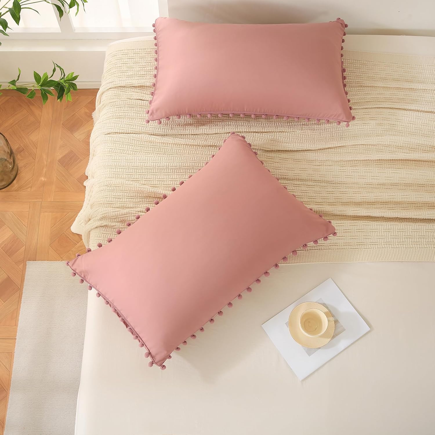 Moveover Bean Paste Pink Pom Poms Pillowcases, Standard Queen Pillow Cases Set of 2, 100% Washed Microfiber, Pink Ball Fringe Pillow Cover,…
