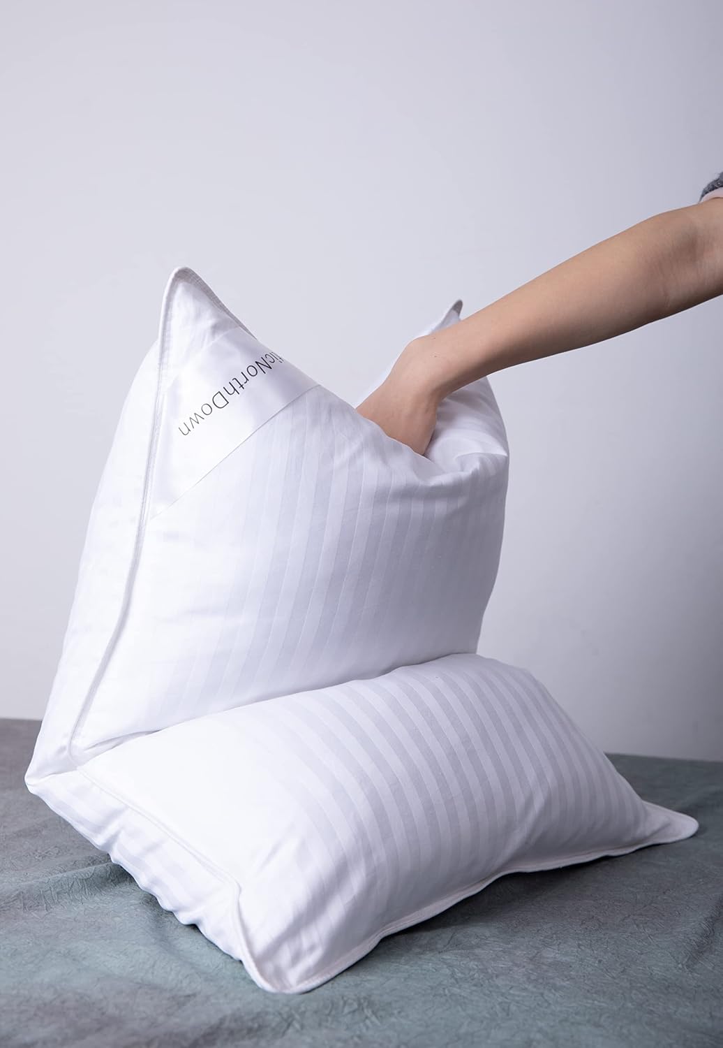 Queen Size Goose Down Feather Hotel Collection Bed Pillows for Sleeping One Pillow for Back, Stomach or Side Sleepers Stripe White Color