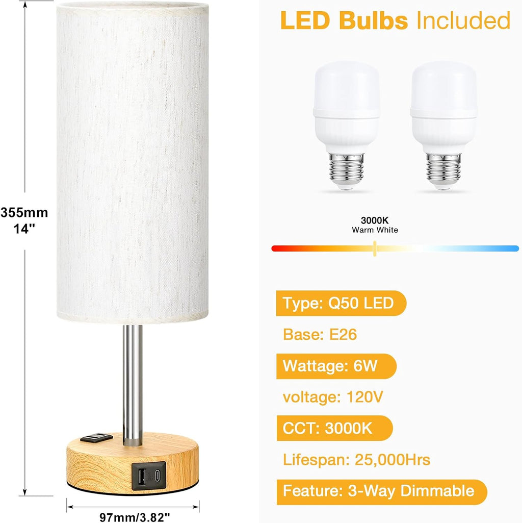 Touch Bedside Table Lamps Set - 3 Way Dimmable Bedroom Lamps Set of 2 with USB C and A Ports, Small Lamps for Nightstand with AC Outlet…
