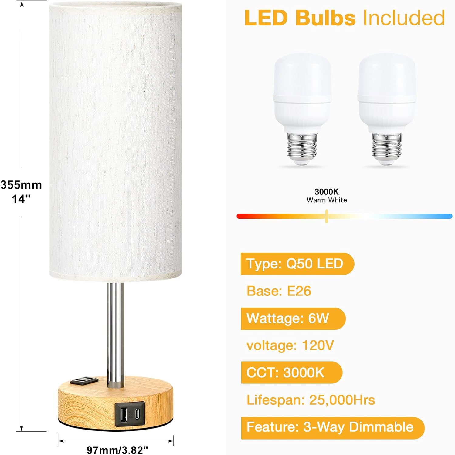 Touch Bedside Table Lamps Set - 3 Way Dimmable Bedroom Lamps Set of 2 with USB C and A Ports, Small Lamps for Nightstand with AC Outlet…