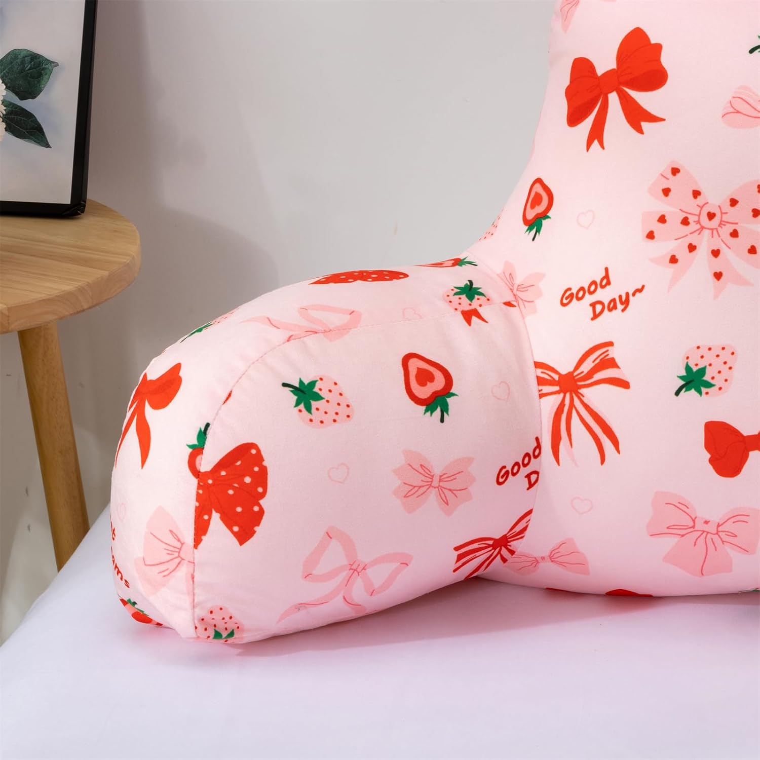 Holawakaka Kids Backrest Reading Pillow with Arms, Strawberry Bowknot Print Plush Bed Rest Pillows for Girls Teens Sitting in Bed, Sofa…