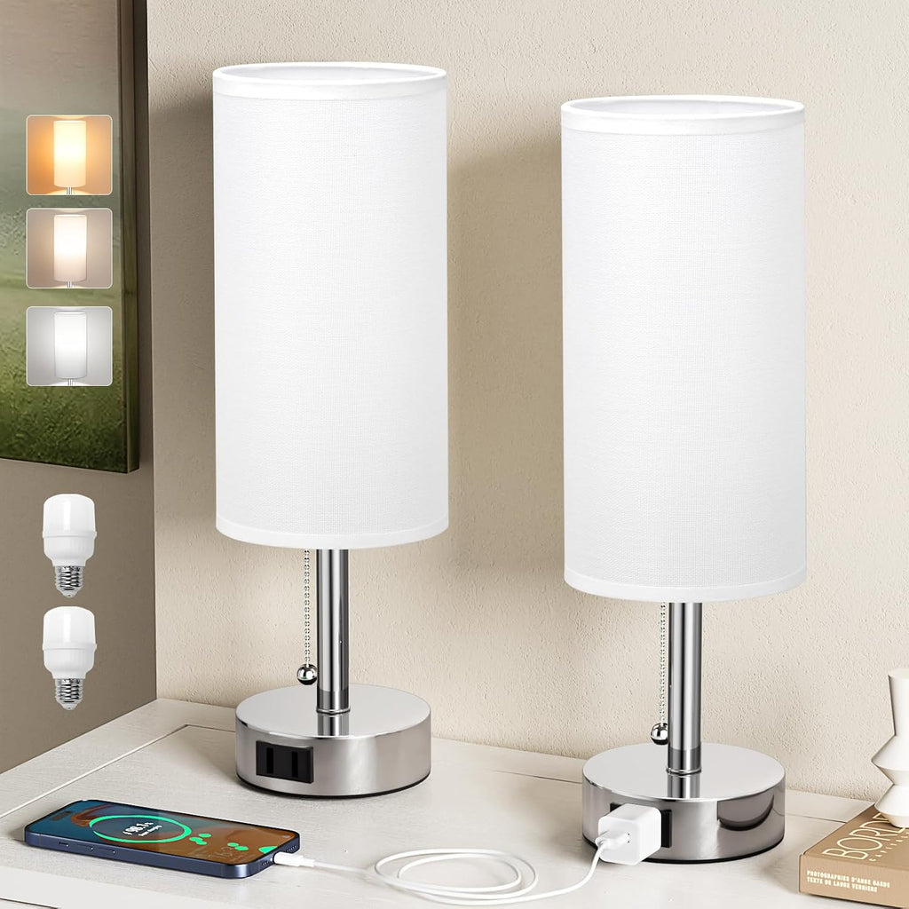 Fenmzee White Silver Bedside Table Lamps Set of 2-3 Color Temperatures Pull Chain Lamp with AC Outlet Charging Port, Two Round Night…