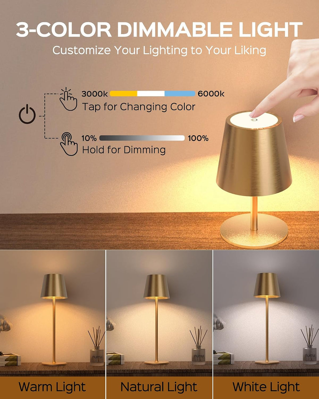 JACKYLED Cordless Table Lamps Rechargeable, 3 Adjustable Height, 5000mAh Battery Operated, 3 Colors Smooth Dimming, Portable LED…