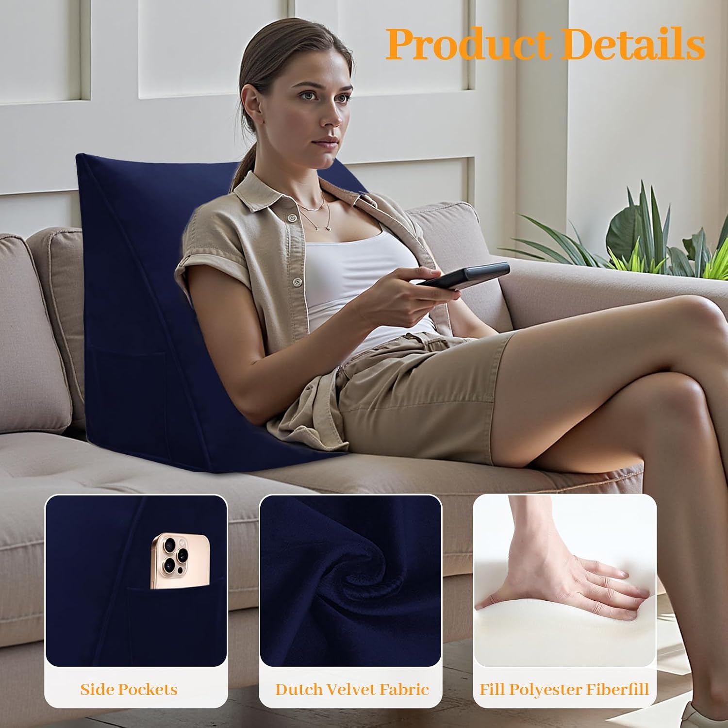 Wedge Headboard Pillow Reading Backrest Pillow for Sitting in Bed Sofa Dorm with Removable Cover Side Pockets Dutch Velvet Fabric Dark Blue
