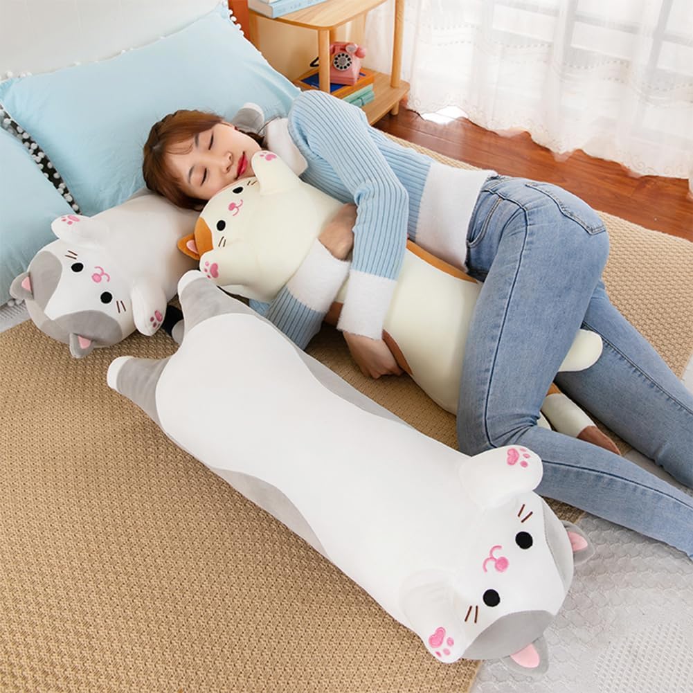 Cat Plush Stuffed Animals Cute Long Cat Body Pillow Plushies Soft Huggable Kitty Pillows for Girls Kids Adults Cat Lovers (New Beige…