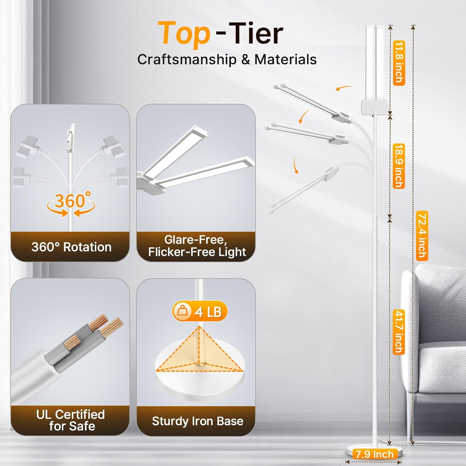 Syrinx LED Floor Lamp, 18W 2000LM Bright Reading Floor Lamp, Dual Head Gooseneck Standing Lamp, Smart Motion Sensor, Remote Control…