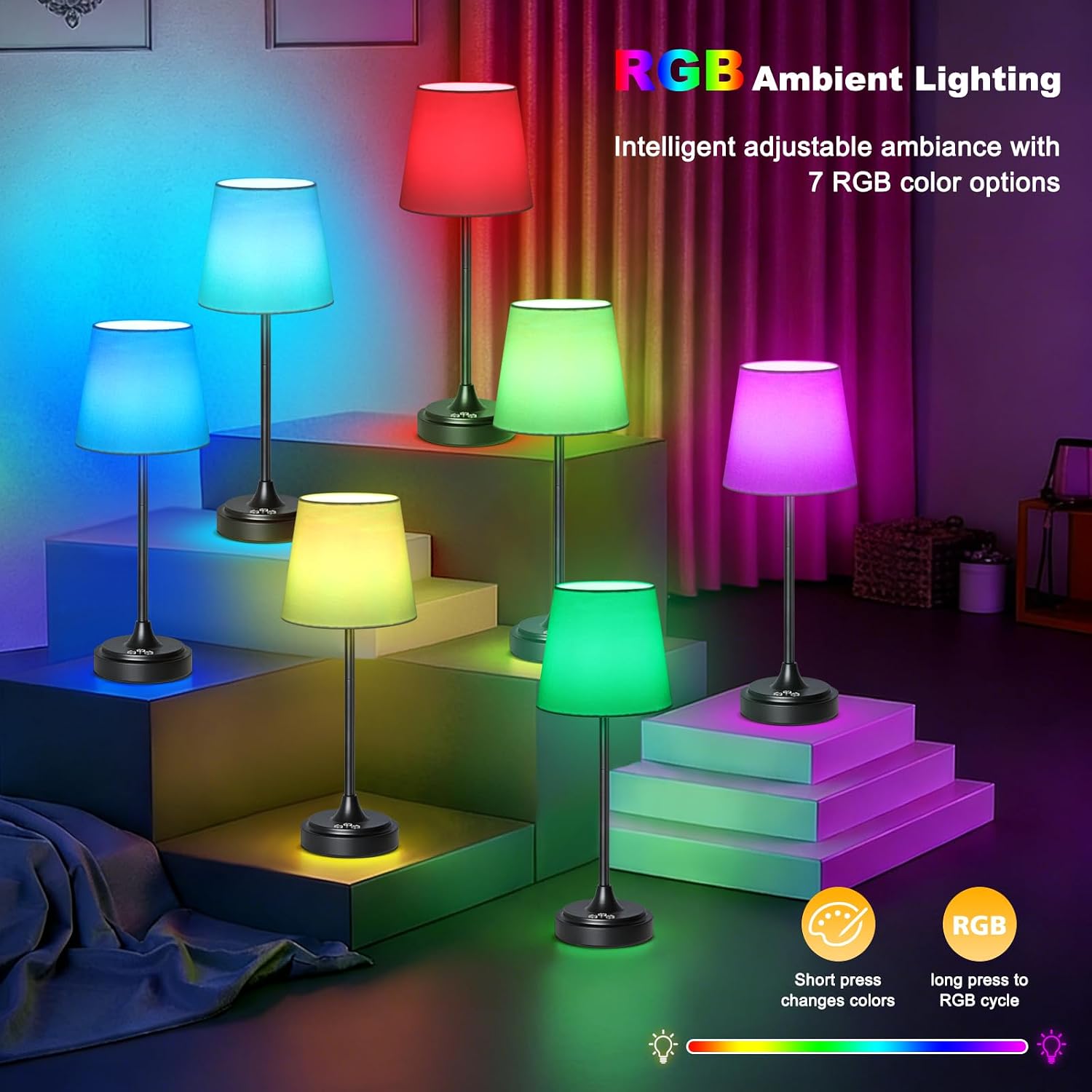 Wowag Cordless Table Lamp Rechargeable,5000mAh Battery Operated Desk Lamp,3 Colors & 7 RGB Stepless Dimmable, Touch Control Ambient Light…