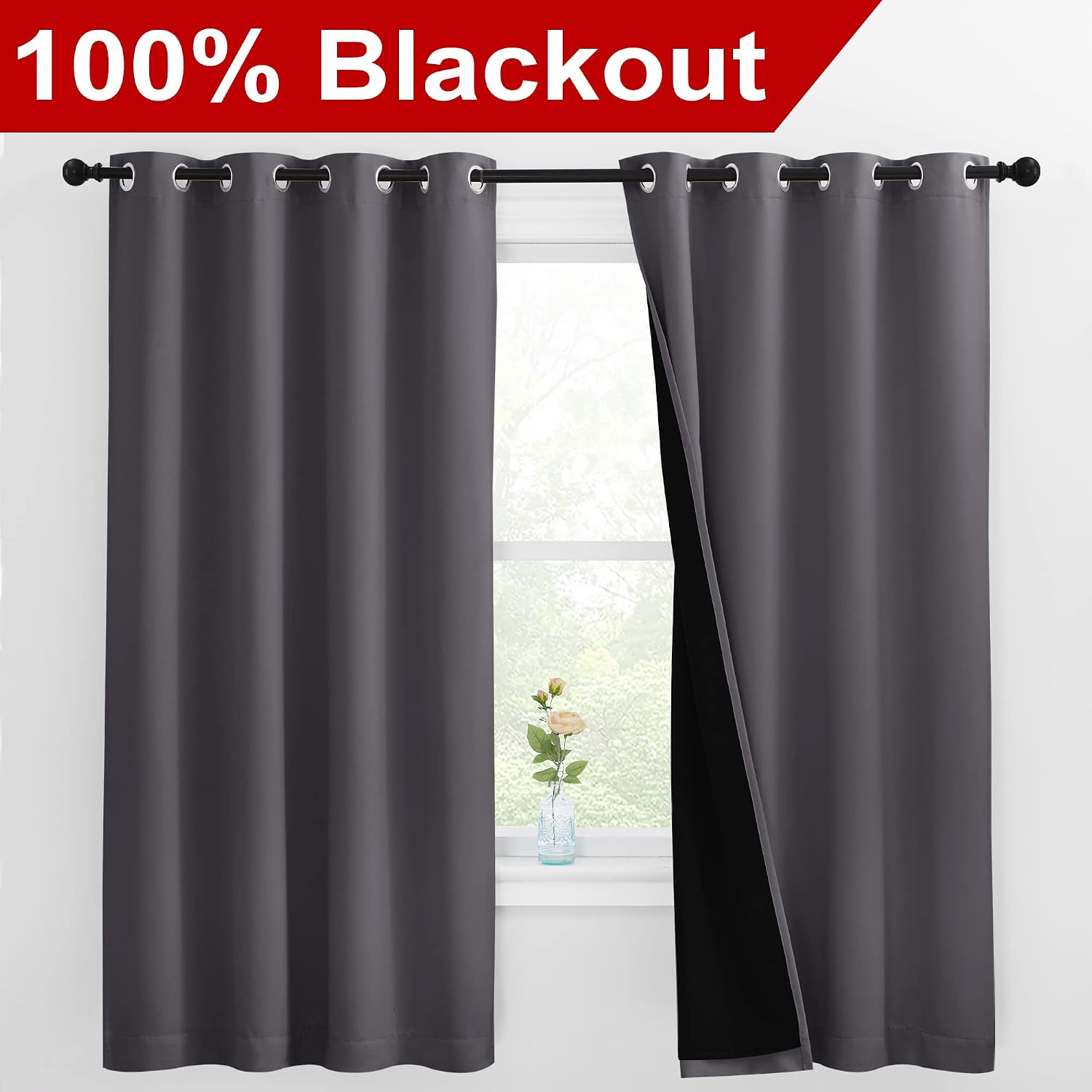 Nicetown 100% Blackout Curtains with Black Liners, Thermal Insulated Full Blackout 2-Layer Lined Drapes, Energy Efficiency Window Draperies…