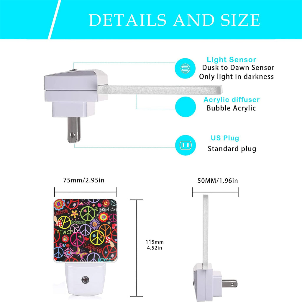 Hippie Peace Flowers Night Light, Hippies Plug-in Night Lights with Dusk-to-Dawn Sensor for Bedroom, Bathroom and Living Room 0.5W Sleep…