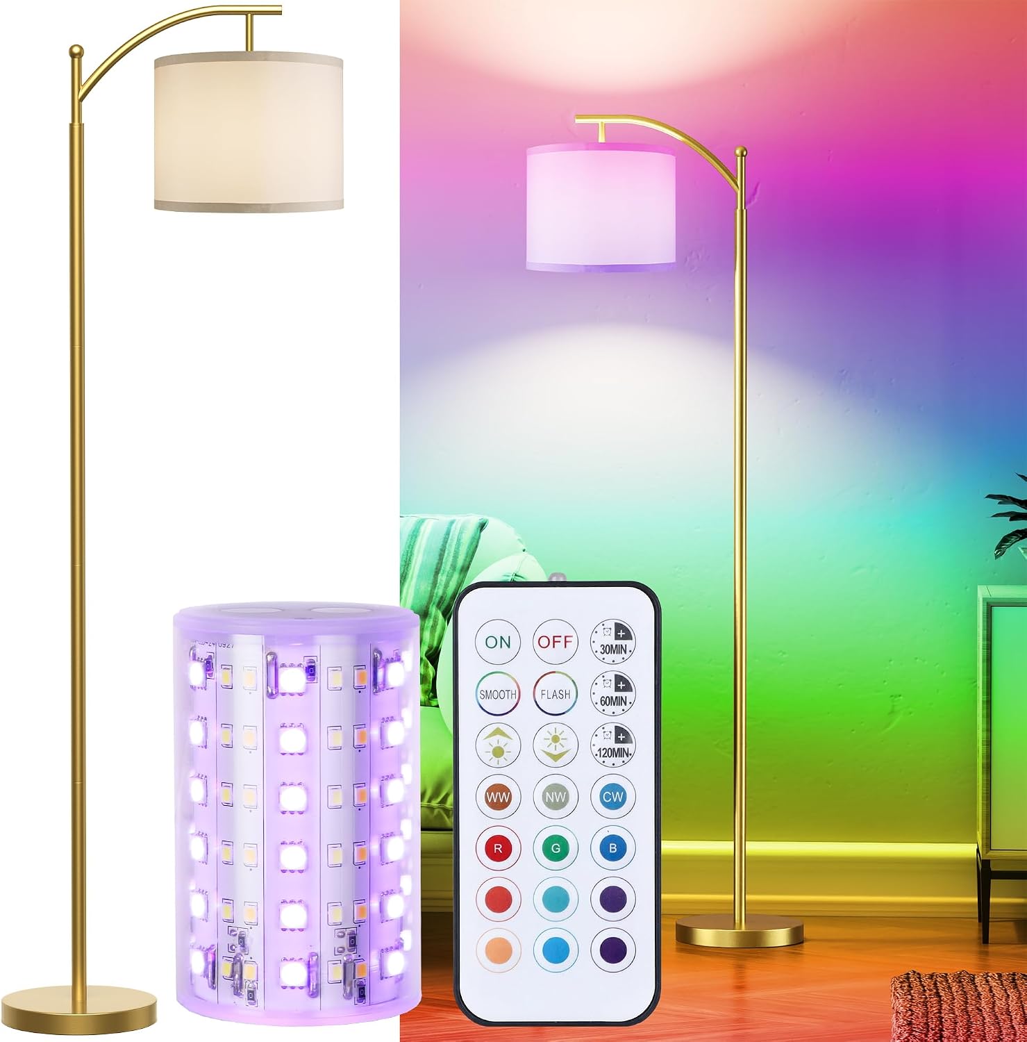 Battery Operated Floor Lamp, RGB Dimmable Cordless Standing Lamp with Remote Control for Living Room, Tall Floor Lamp for Bedroom -Gold