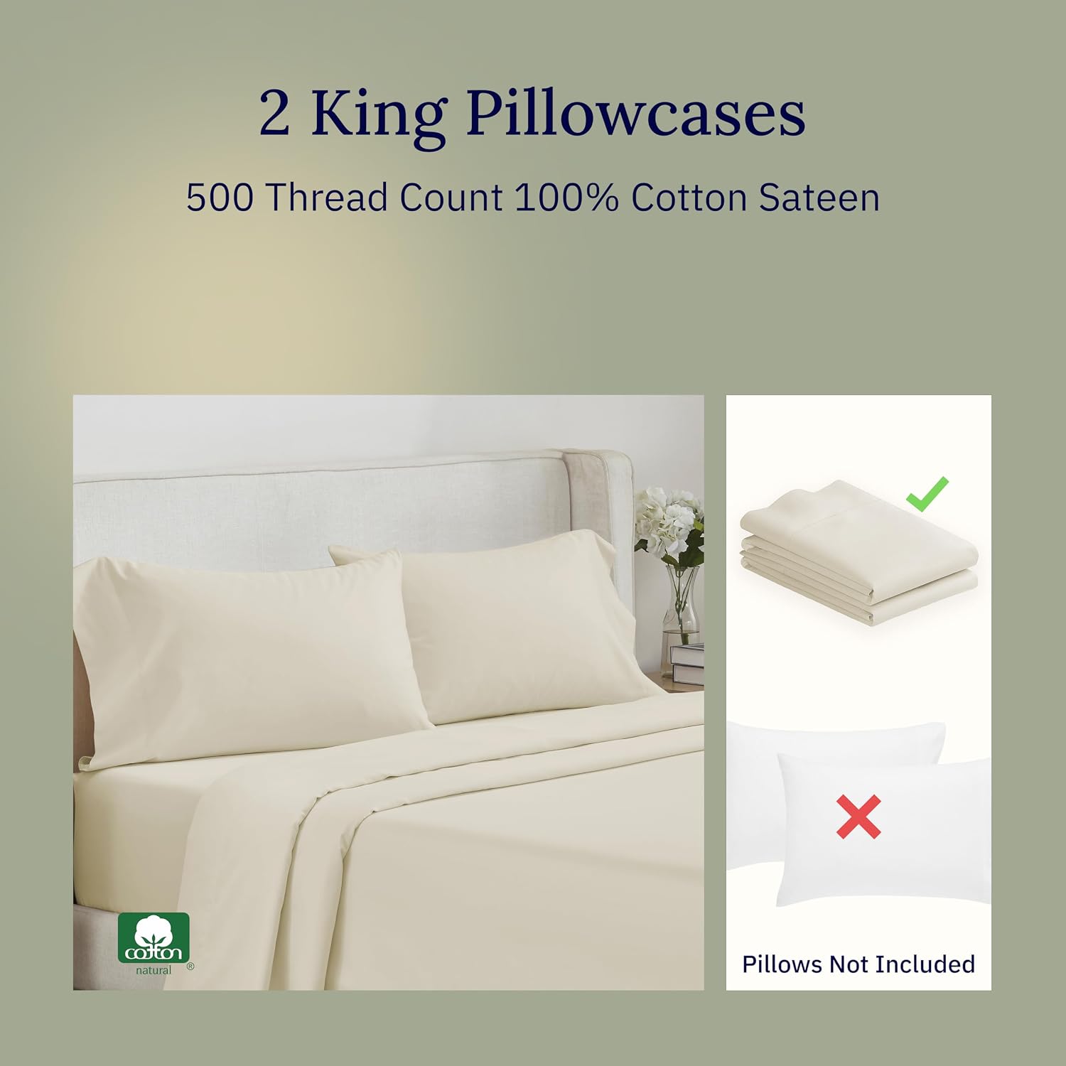CALIFORNIA DESIGN DEN Soft & Silky 500 Thread Count 100% Cotton Sateen, Cool & Smooth with A Classic Opening, Set of 2 King Pillow Cases…