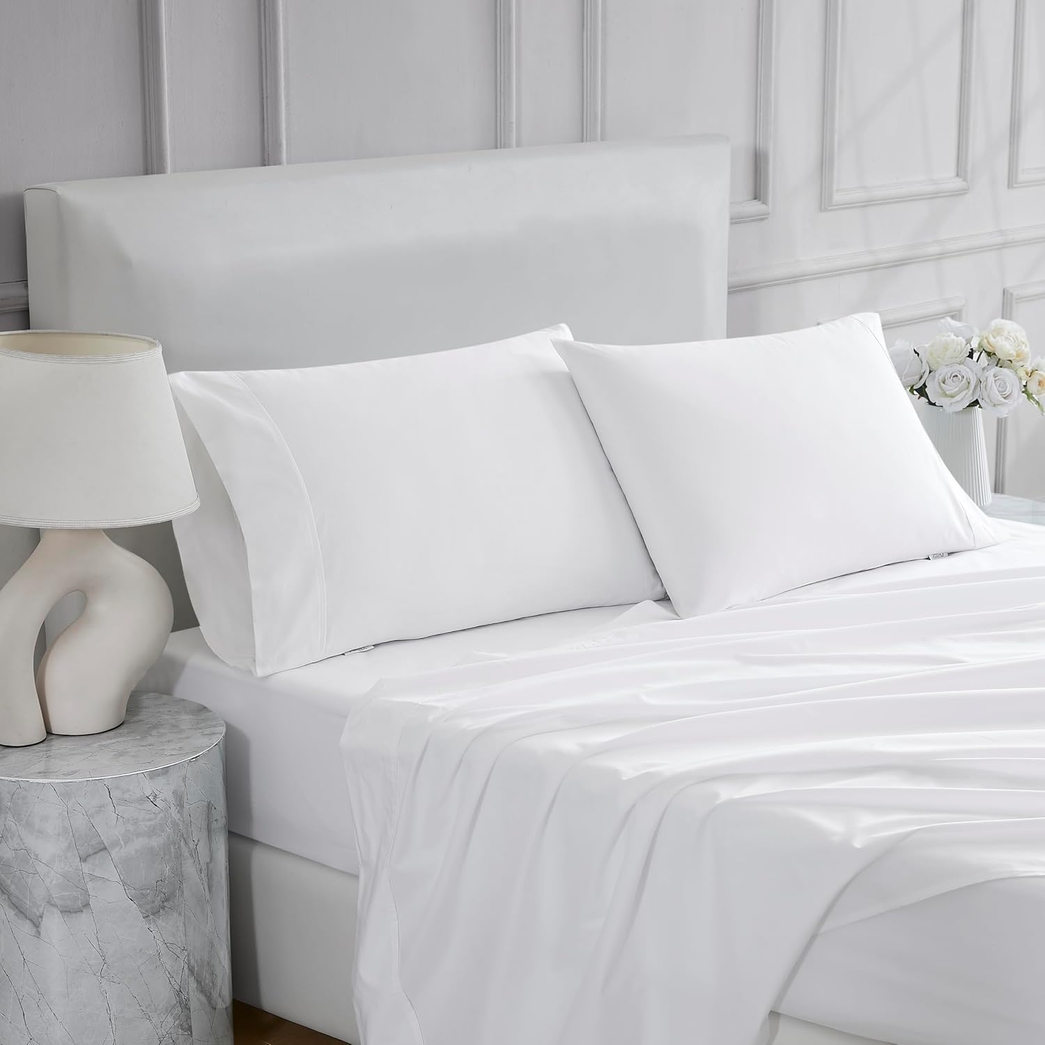 Linen Closet 4 Pcs 100% Cotton Full Size Sheets Set, Arctic White, 400 Thread Count, Percale Weave, Deep Pocket Fitted Sheet, Fits Up To…