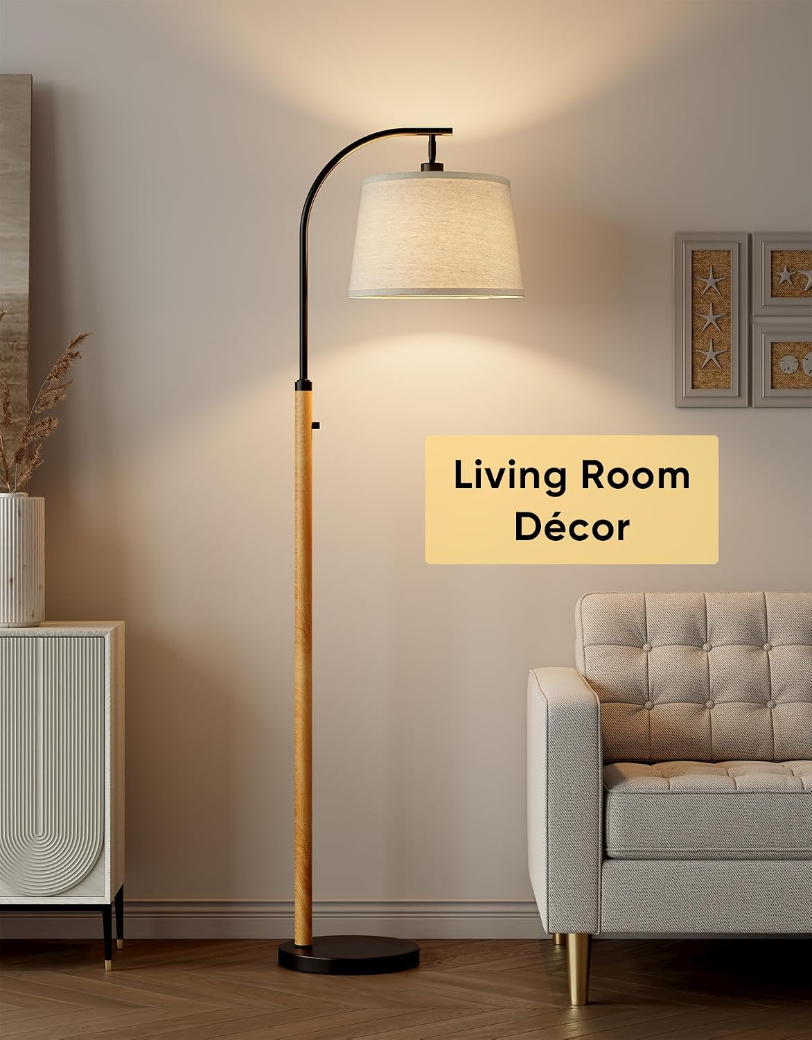 Dimmable Floor Lamp for Living Room, 65" Tall Metal Standing Lamp with LED Bulb, Mid Century Modern Arc Floor Lamp with Linen Shade for…