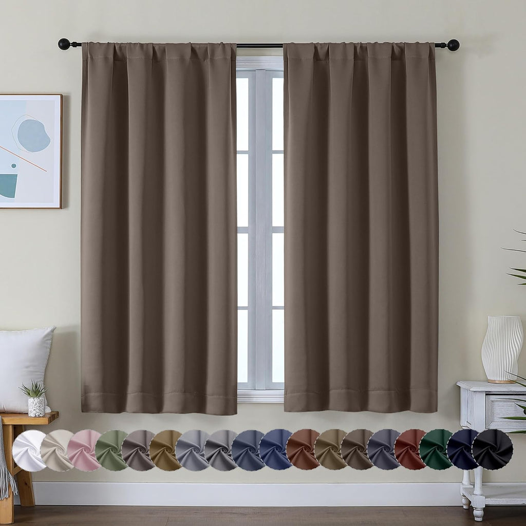 Simplebrand Ava Brown Short Blackout Curtains for Bedroom 45 Inches Long 2 Panels Set, Solid Thermal Insulated, Energy Saving Window Treatm…
