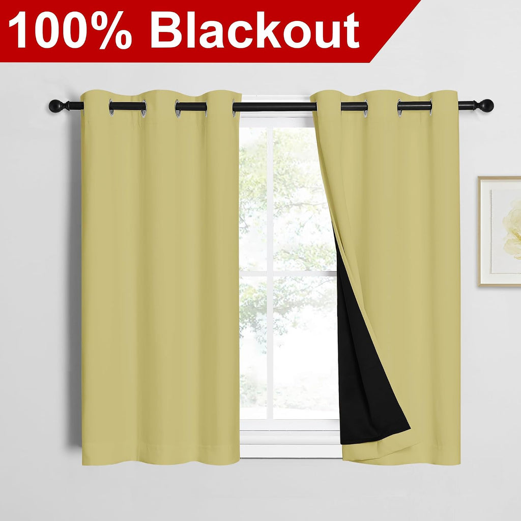 Nicetown 100% Blackout Short Curtains with Black Liners, 2 Panels, 37"W by 40"L, Paler Yellow, Solid Thermal Insulated Full Blackout 2-Laye…