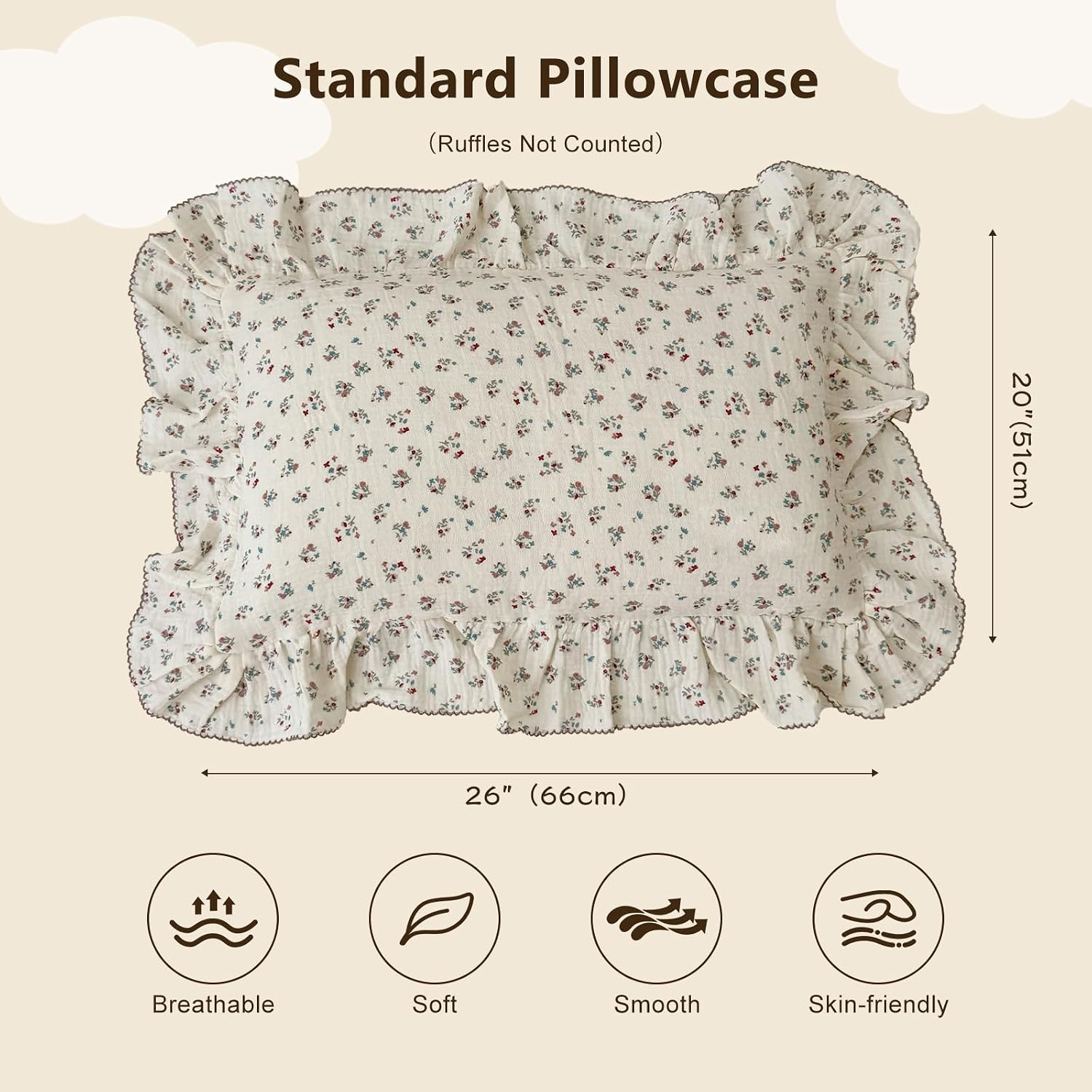 BuLuTu Girls Boys Kids Pillowcase Standard Size, Floral Pattern, 20"x26", 1 pc, Soft Breathable Muslin Cotton Toddler Bed Pillow Cases…