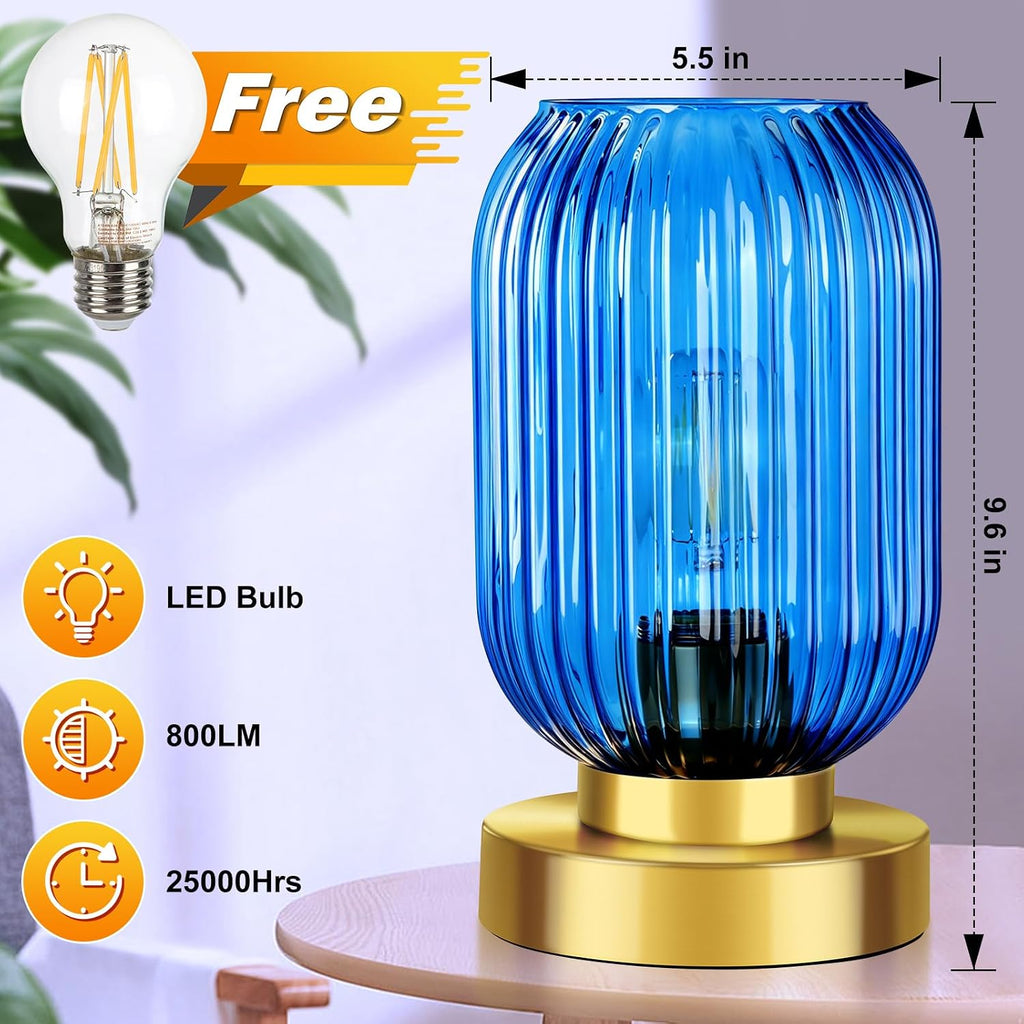 Mid Century Modern Table Lamp with Blue Ribbed Glass Shade, Touch Control & 3 Way Dimmable, Small Gold, Vintage Bedside Lamp for Bedroom…