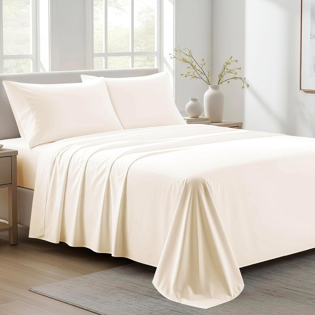 AshtonSheets 100% Organic Cotton Sheets California King Size - Organic Cotton Cal King Size Percale Weave Sheet Set (4 PC, Ivory), Soft, Co…