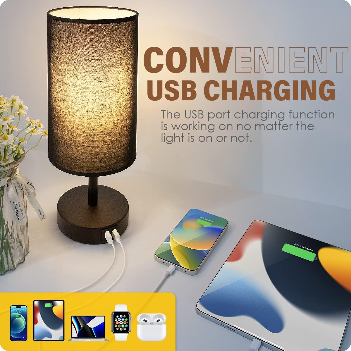 Yarra-Decor Bedside Lamp with USB Port - Touch Control Table Lamp for Bedroom 3 Way Dimmable Nightstand Lamp with Round Black Fabric…