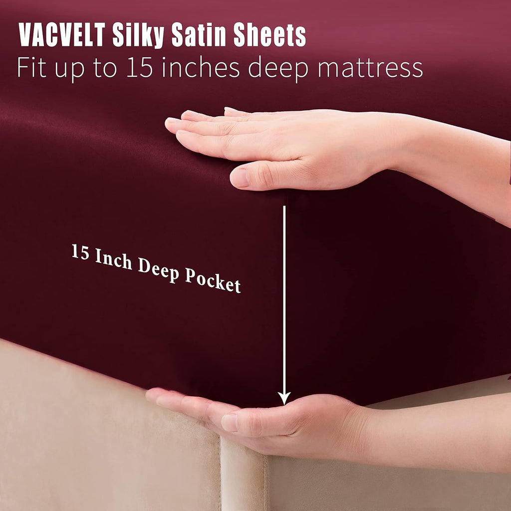 VACVELT 4pcs Burgundy Satin Sheets Queen Size Bed Set, 15 Inch Deep Pocket Silky Satin Sheet Set, Soft Satin Bedding Set Cooling & Luxury…