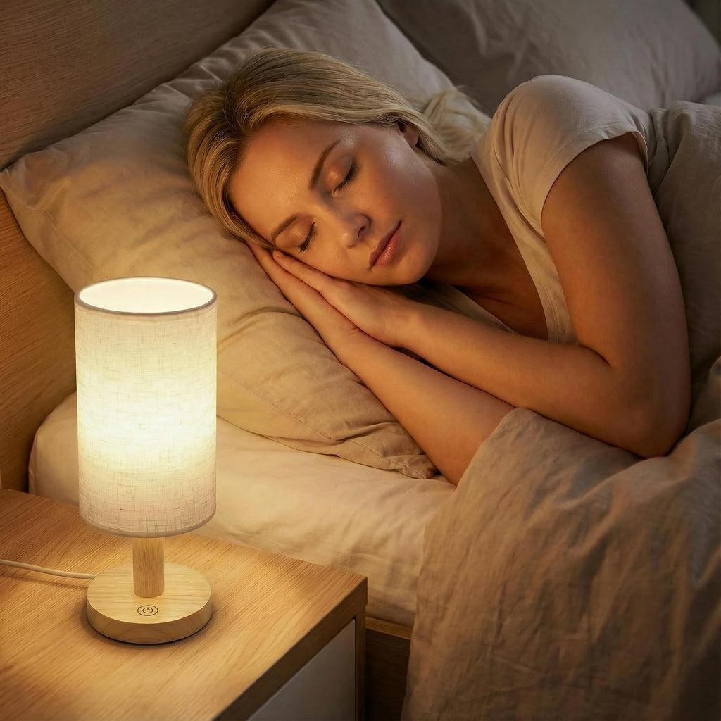 PuziphaTableLamp Touch Bedside Table Lamp - Stepless Dimming USB Powered, Minimalist Wood Base Linen Shade, 2700K Warm Light for Bedroom Ni…