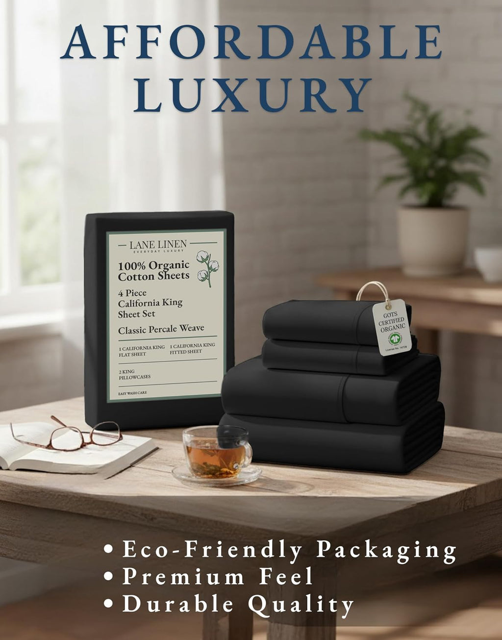 LaneLinen Lane Linen 100% Organic Cotton California King Sheets Set, 4-Piece Pure Organic Cotton Long Staple Percale Weave Ultra Soft Beddi…
