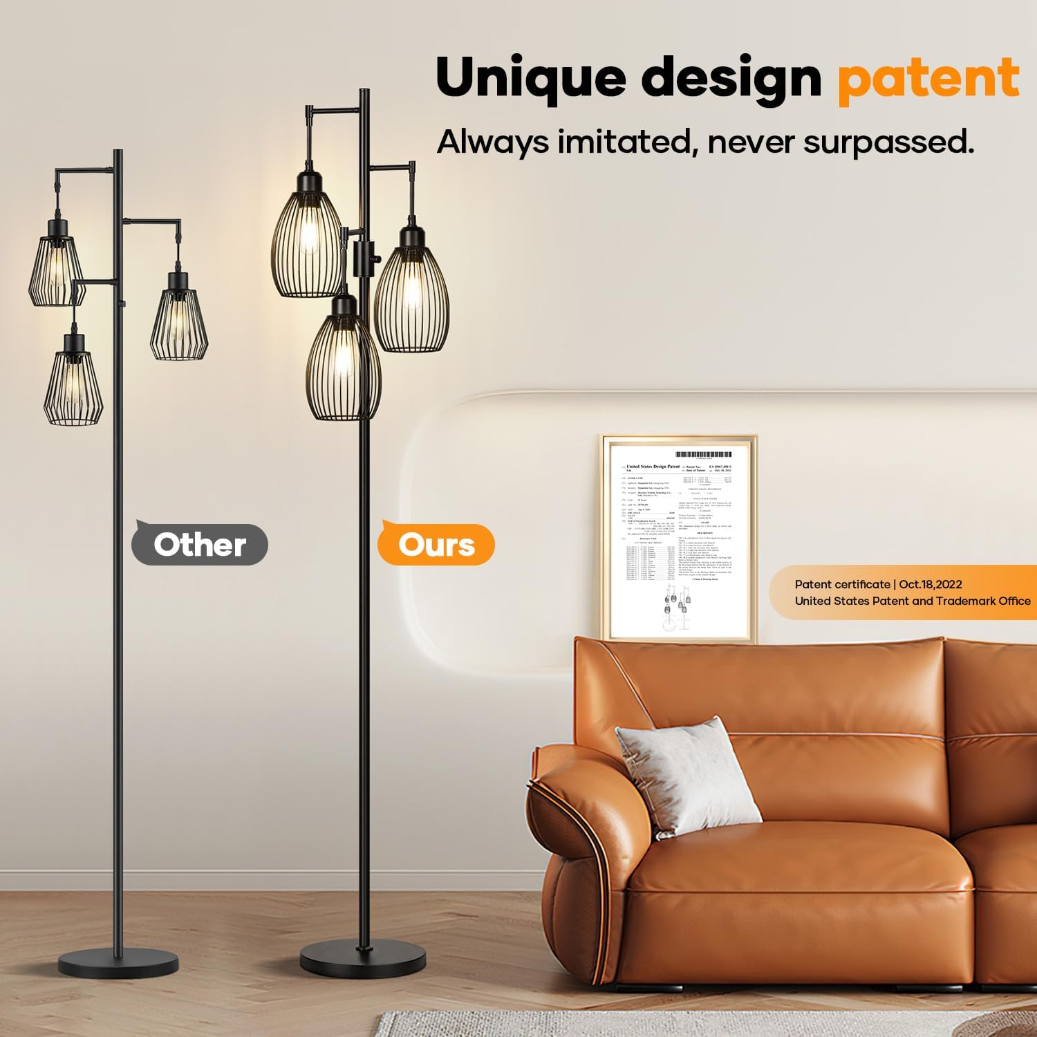Dimmable Floor Lamp, 3 x 800LM LED Edison Bulbs Included, Farmhouse Industrial Floor Lamp Standing Tree Lamp with Elegant Teardrop Cage…