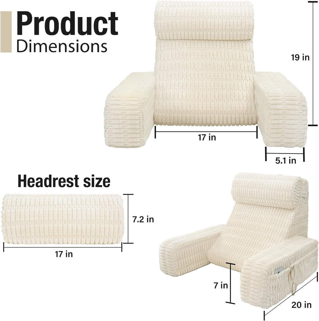 19" Reading Pillow for Bed with Built-in Arms & Large Pockets, Supportive Backrest Cushion for Reading, Resting, or Reclining, Washable…