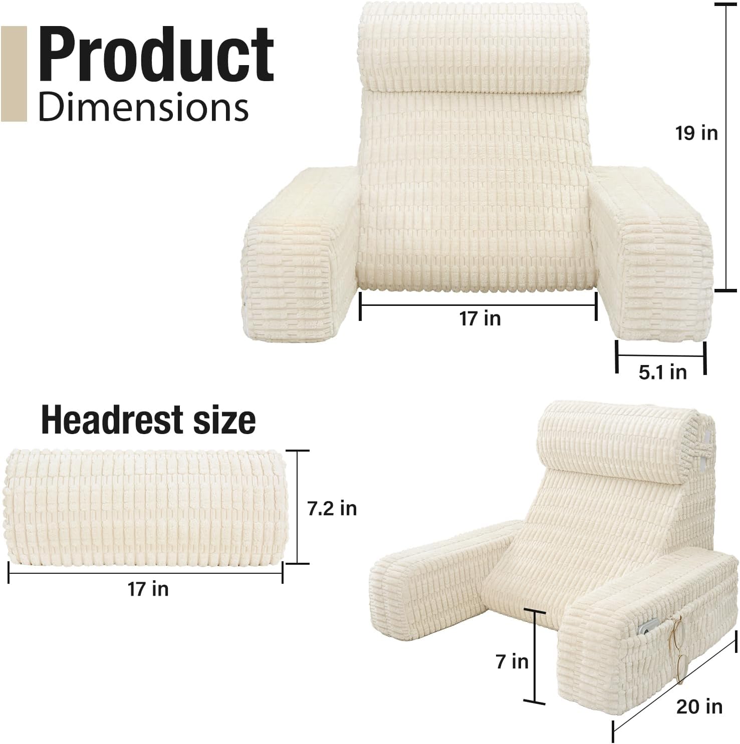19" Reading Pillow for Bed with Built-in Arms & Large Pockets, Supportive Backrest Cushion for Reading, Resting, or Reclining, Washable…
