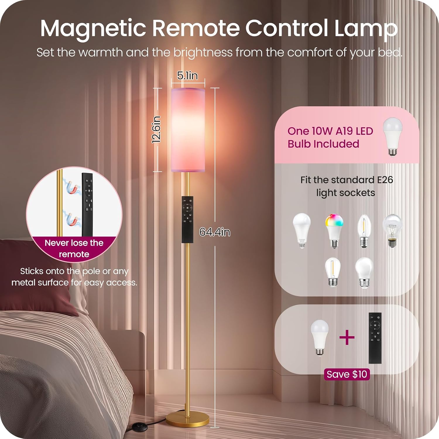 Dimmable Pink Floor Lamp for Living Room with Remote and Foot Switch, Corner Floor Lamp, 64.4'' Standing Tall Lamp, 10W 900LM Bulb…