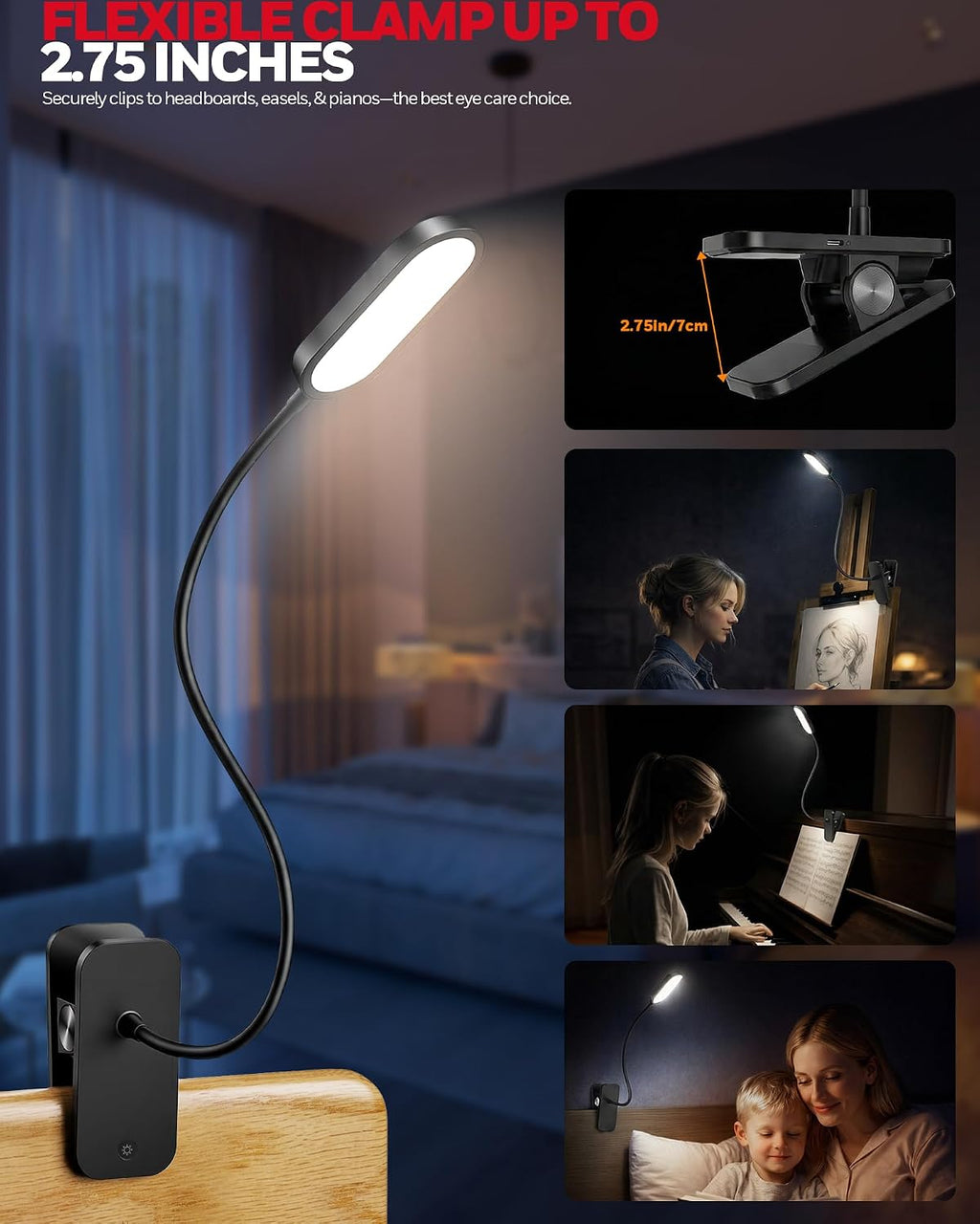 Honeywell Clip On Desk Lamp, Rechargeable Reading Light with Touch Control, Stepless Dimming, Portable Lamp for Desk, Bedside, Study