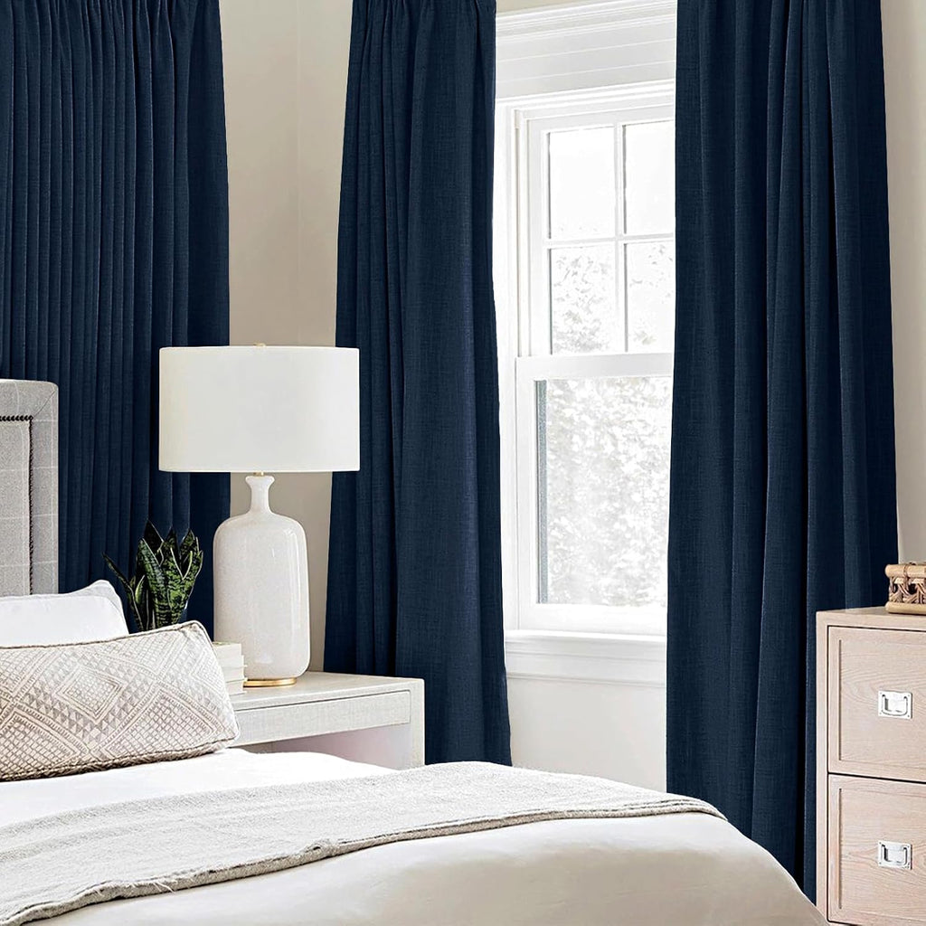 Miulee Linen Textured Curtains for Bedroom Solid 100% Blackout Thermal Insulated Midnight Blue Grommet Room Darkening Curtains & Drapes Lux…