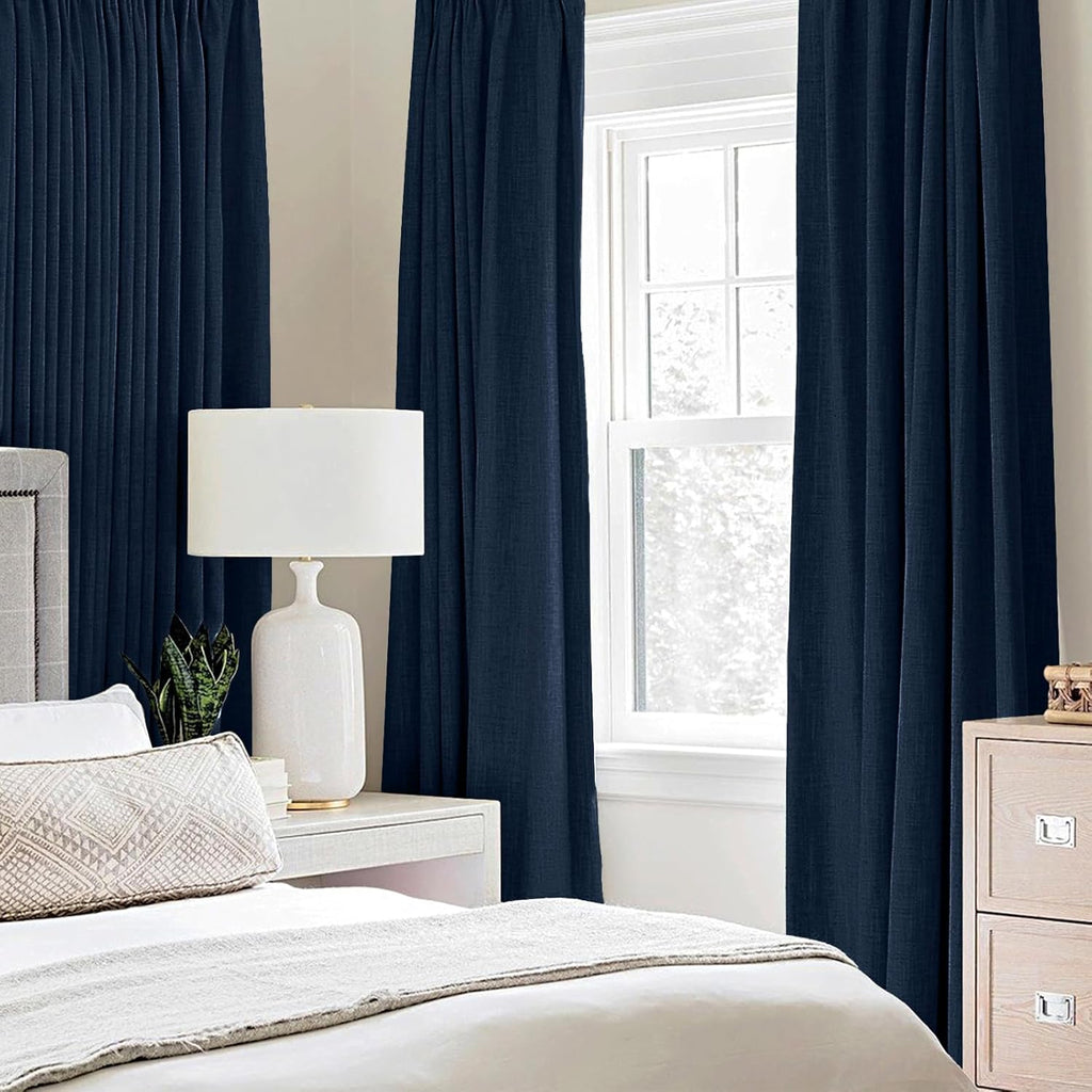 Miulee 100% Blackout Linen Textured Curtains for Bedroom Solid Thermal Insulated Midnight Blue Grommet Room Darkening Curtains & Drapes Lux…