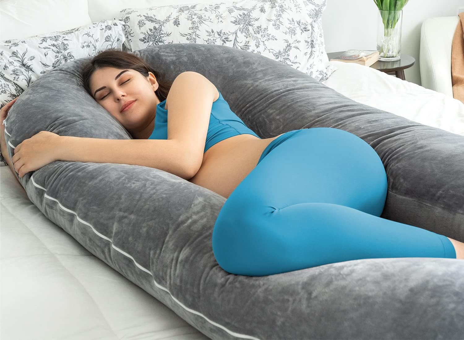 QUEEN ROSE Pregnancy Pillows for Sleeping, U Shaped Body Pillow for Pregnancy, 65 inch Maternity Pillow for Tall Pregnant Women with Gray…