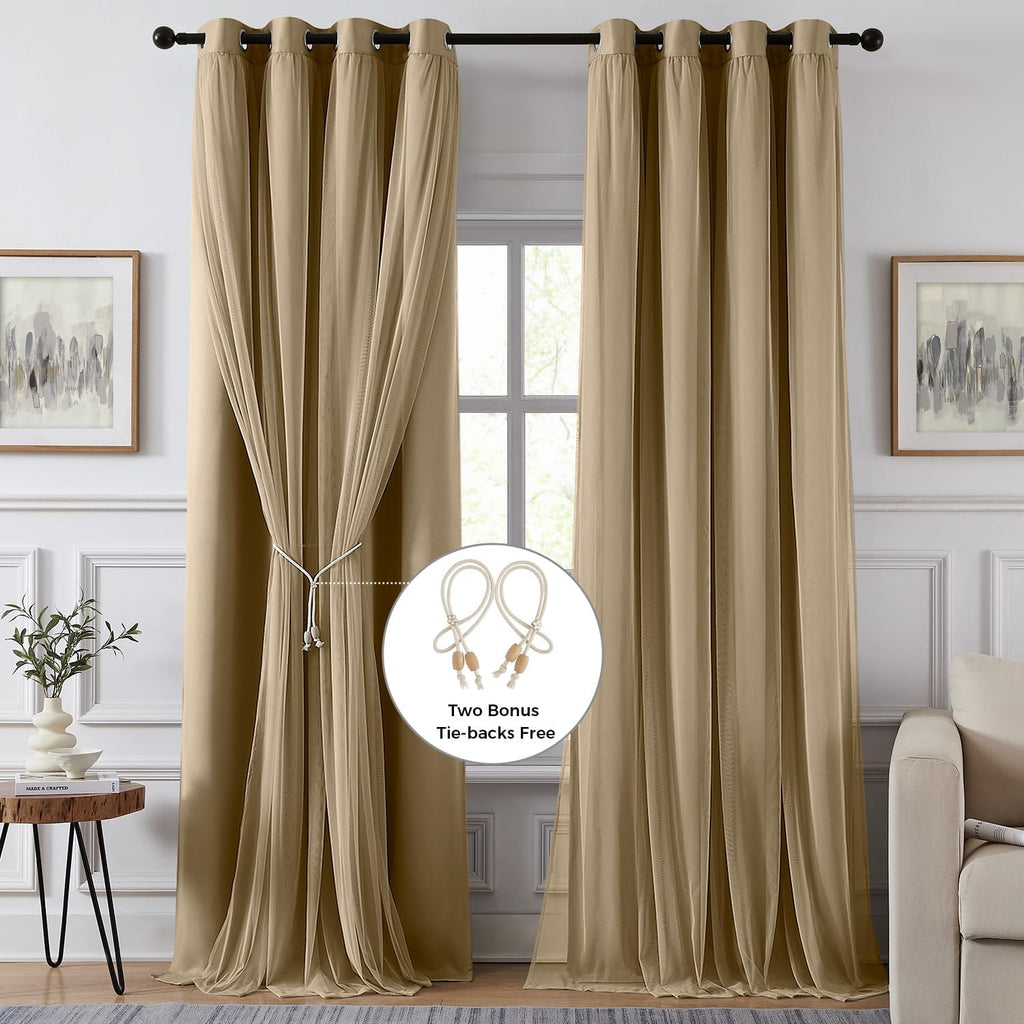 Swandream 100% Blackout Curtains for Bedroom, Double Layer Khaki Curtains, Black Out Curtain 63 inch Long with Sheer Overlay for Living Roo…