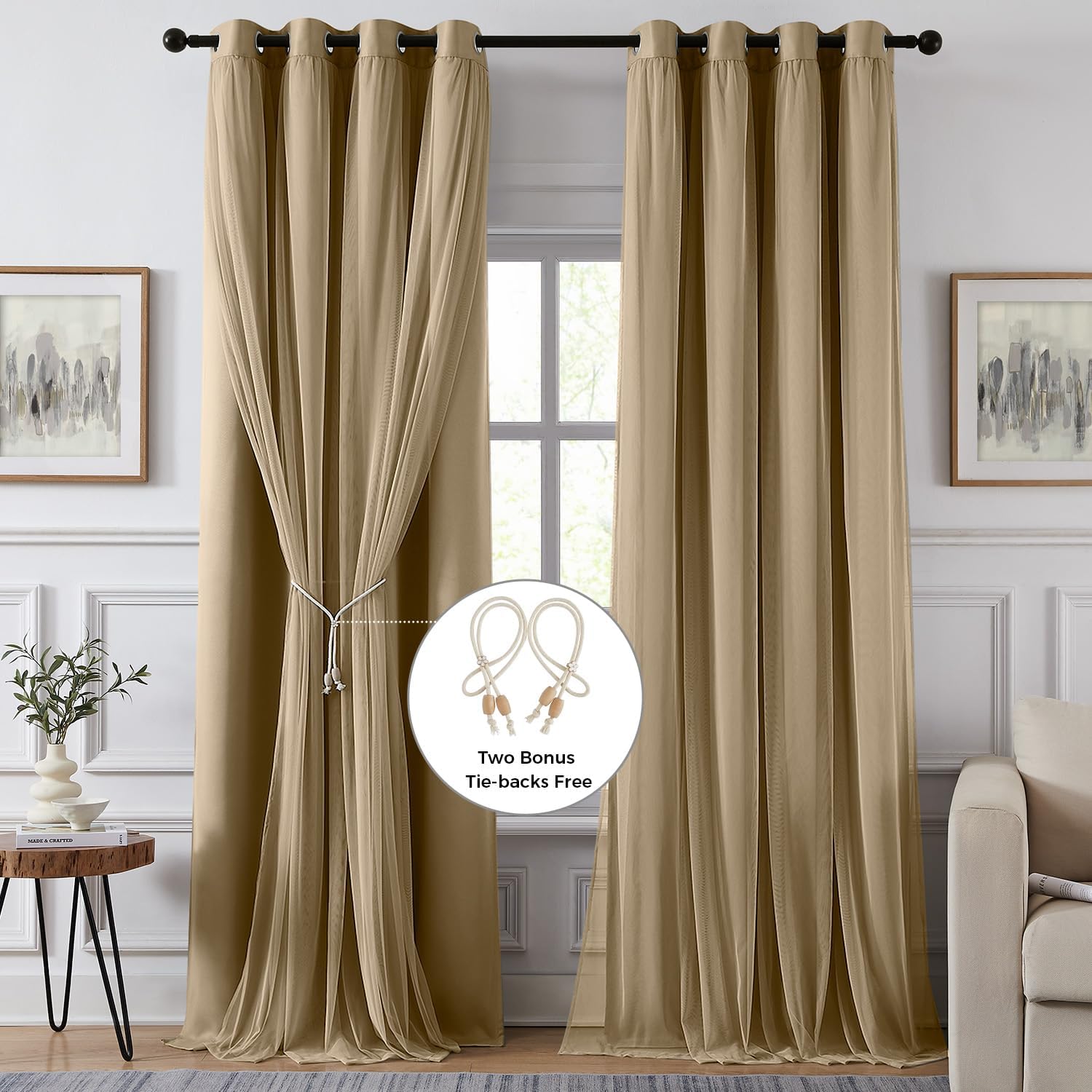 Swandream 100% Blackout Curtains for Bedroom, Double Layer Khaki Curtains, Black Out Curtain 63 inch Long with Sheer Overlay for Living Roo…