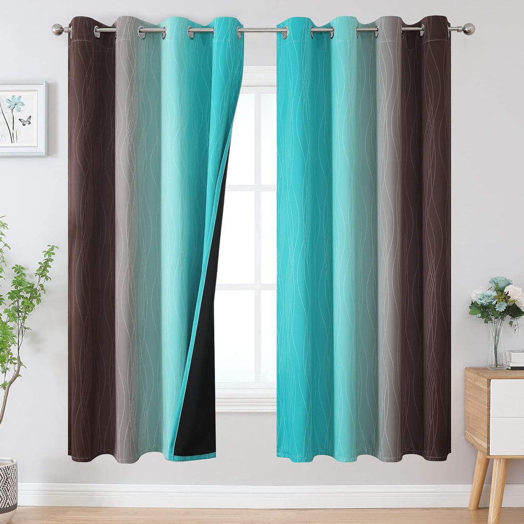 Estelartextiler Estelar Textiler Teal and Brown Ombre Blackout Curtains 72 Inches Length for Bedroom, Thermal Insulated Full Light Blocking…