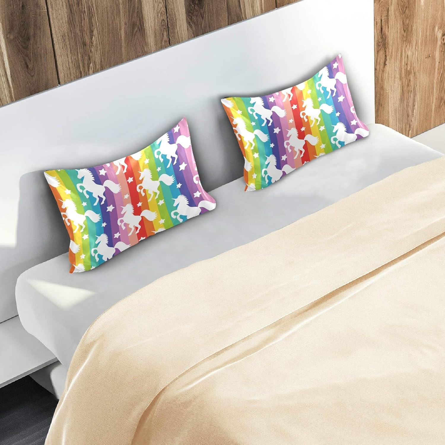 Blueangle Rainbow Stripe Unicorn Star Satin Pillowcase for Hair and Skin Silk Pillowcase, Standard Size(20x26 inches) - Satin Pillow…