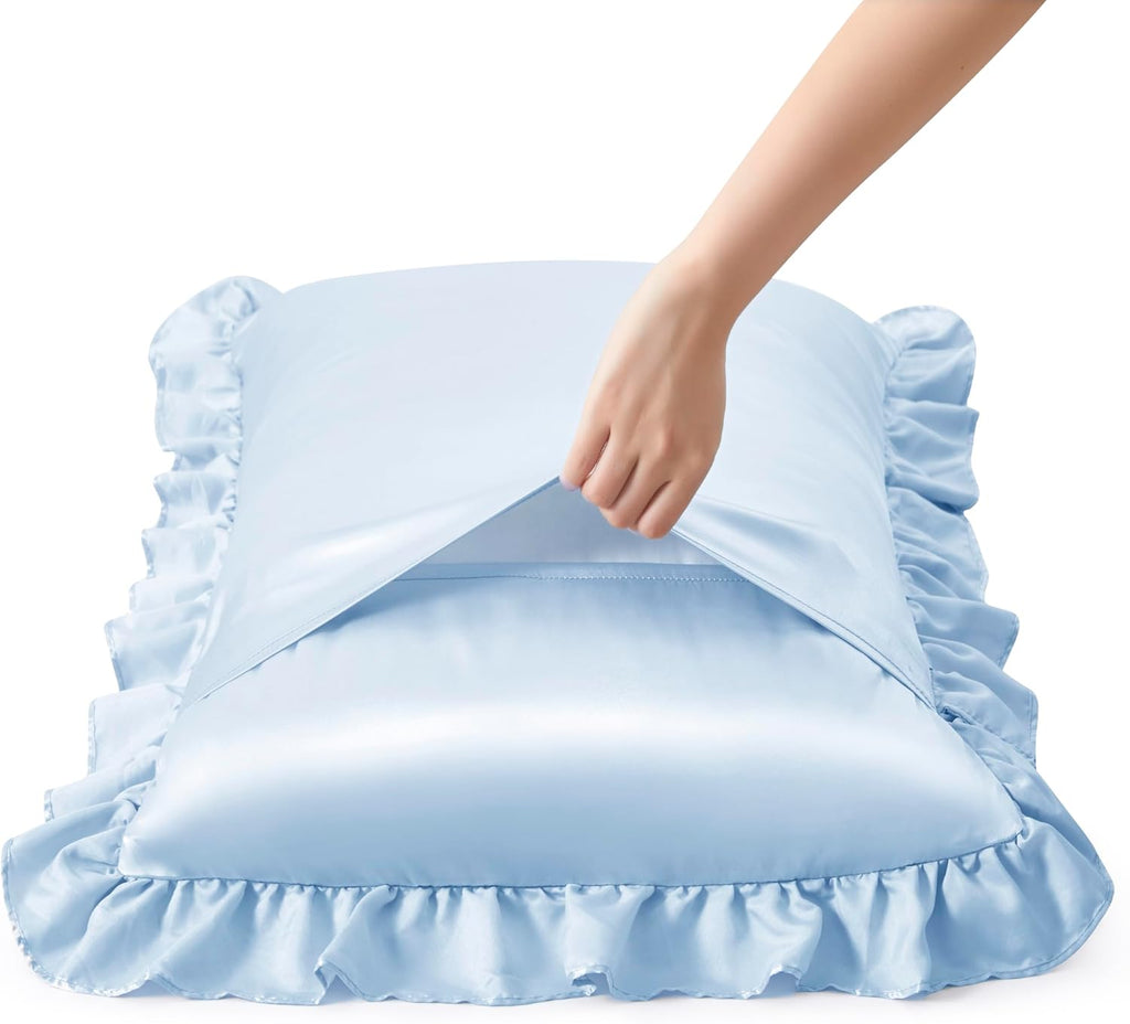 HommxJF Silky Satin Ruffled Pillow Cases for Hair and Skin, Light Blue Silk Pillowcases Queen Set of 2 with Envelope Closure Princess Room D…