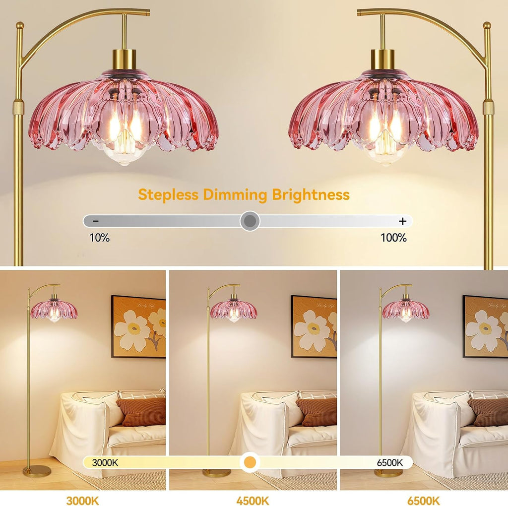 QIYIZM Pink Floor Lamp for Living Room, Bedroom, Gold Dimmable Standing Lamp with Remote, Mid Century Modern Brass Tall Lamp Boho Floor…
